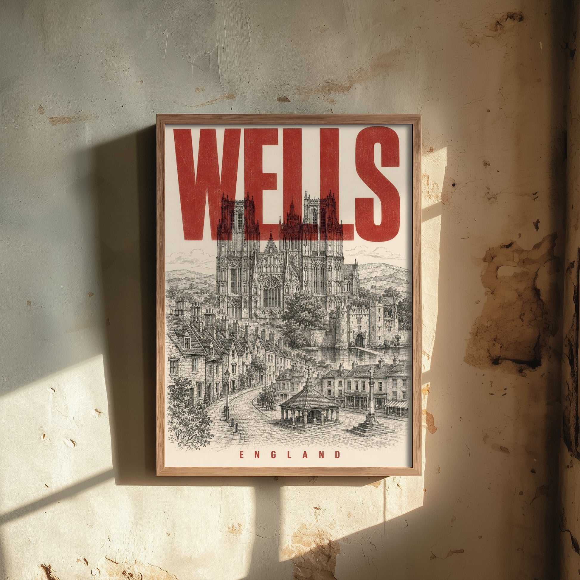 Wells England Travel Poster - Vintage Duotone Art Print - Distressed City Illustration - Wells Cathedral 3/3