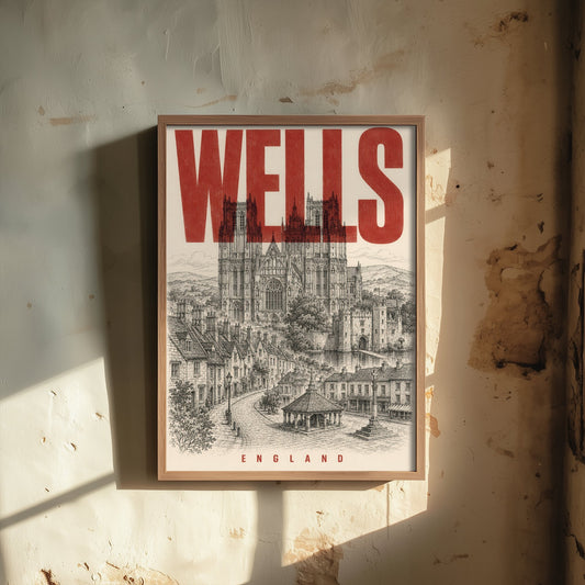 Wells England Travel Poster - Vintage Duotone Art Print - Distressed City Illustration - Wells Cathedral 3/3