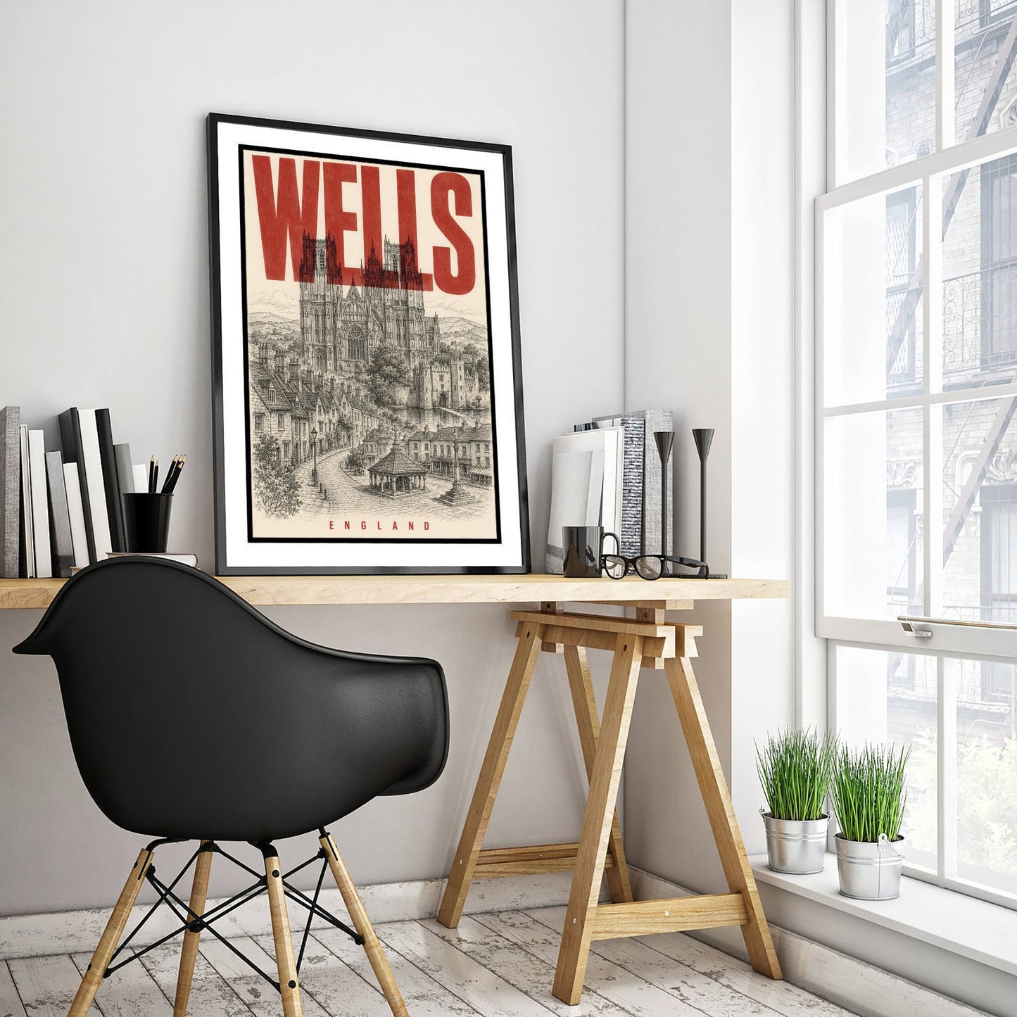 Wells England Travel Poster - Vintage Duotone Art Print - Distressed City Illustration - Wells Cathedral 3/3