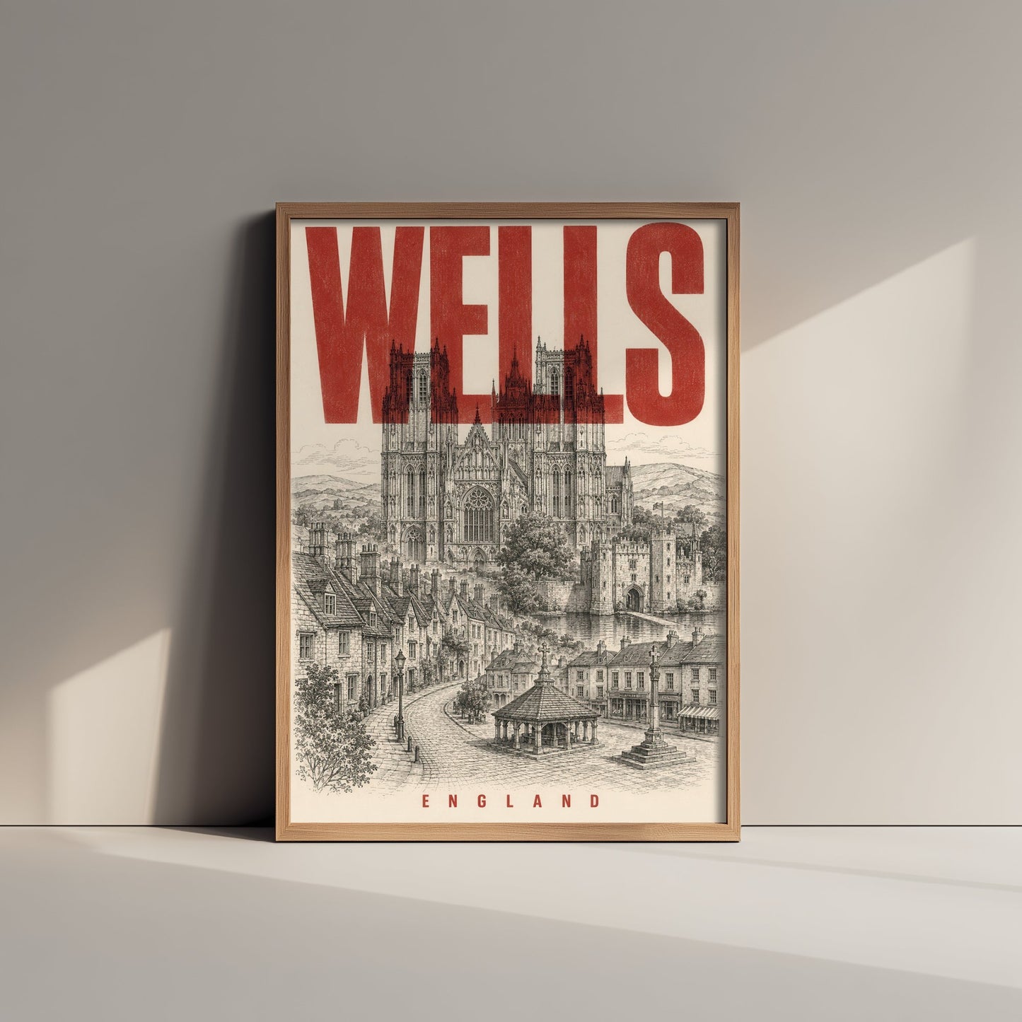 Wells England Travel Poster - Vintage Duotone Art Print - Distressed City Illustration - Wells Cathedral 3/3
