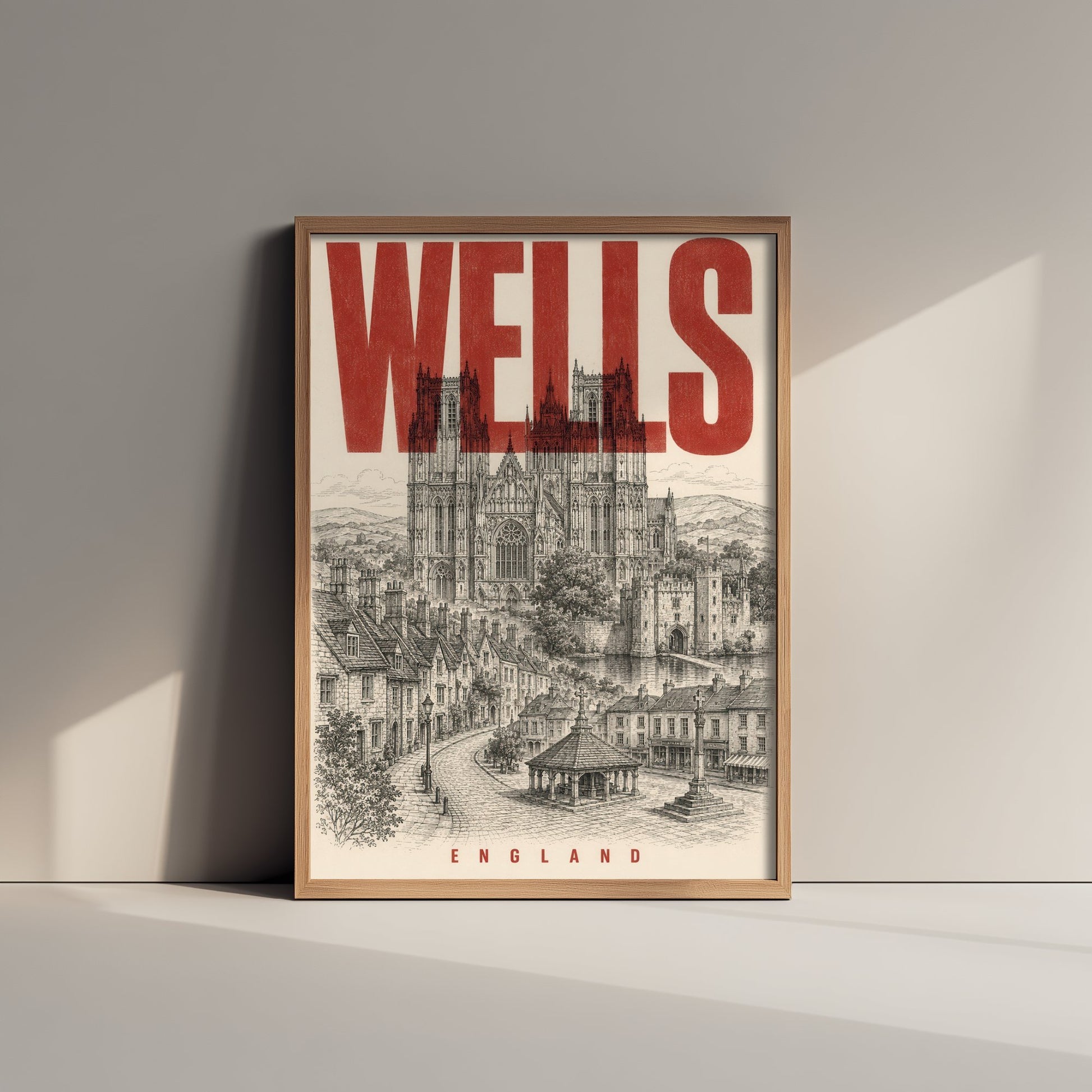 Wells England Travel Poster - Vintage Duotone Art Print - Distressed City Illustration - Wells Cathedral 3/3