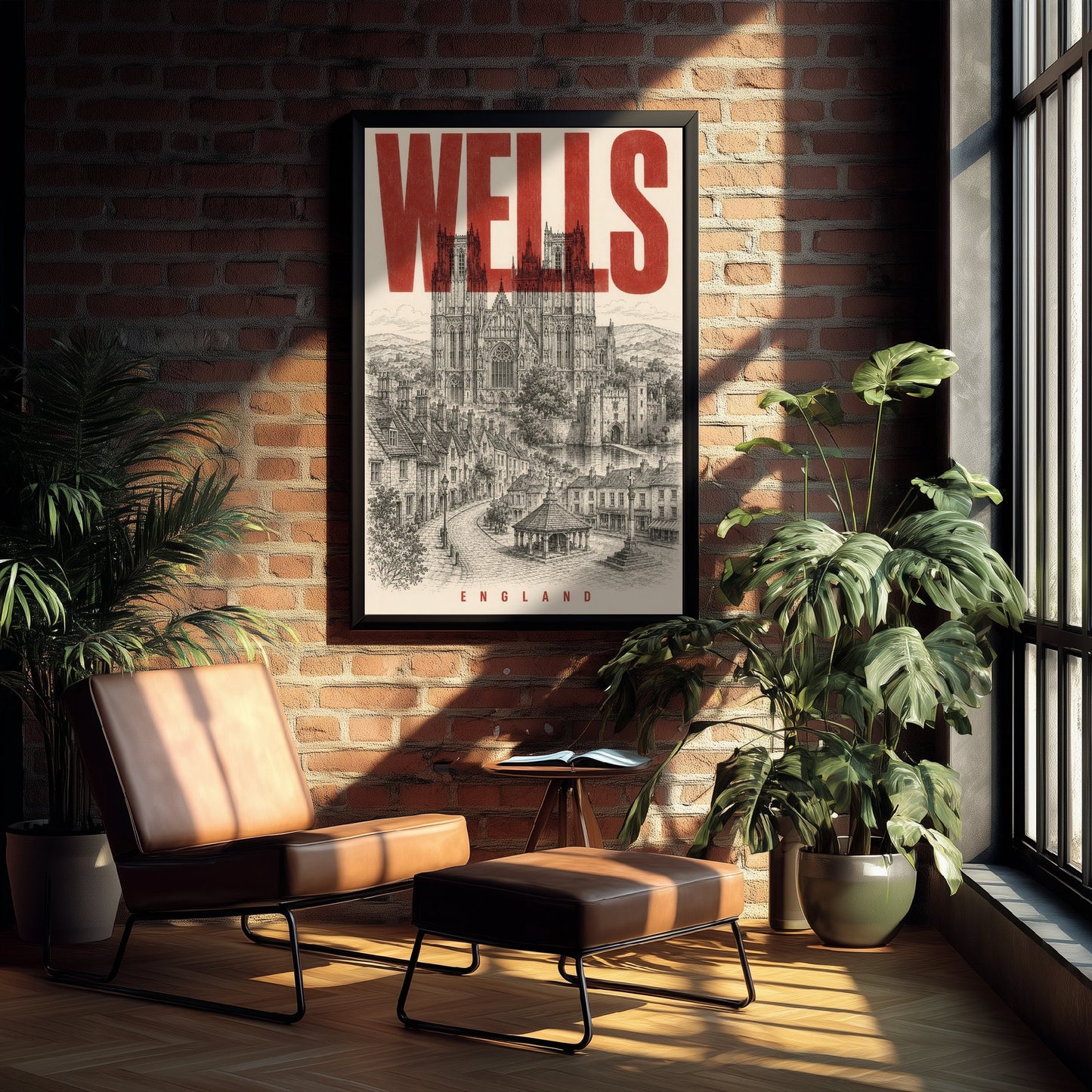 Wells England Travel Poster - Vintage Duotone Art Print - Distressed City Illustration - Wells Cathedral 3/3