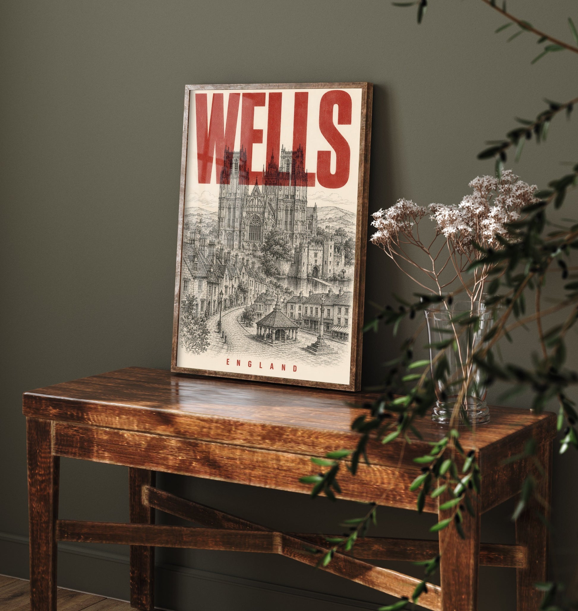 Wells England Travel Poster - Vintage Duotone Art Print - Distressed City Illustration - Wells Cathedral 3/3