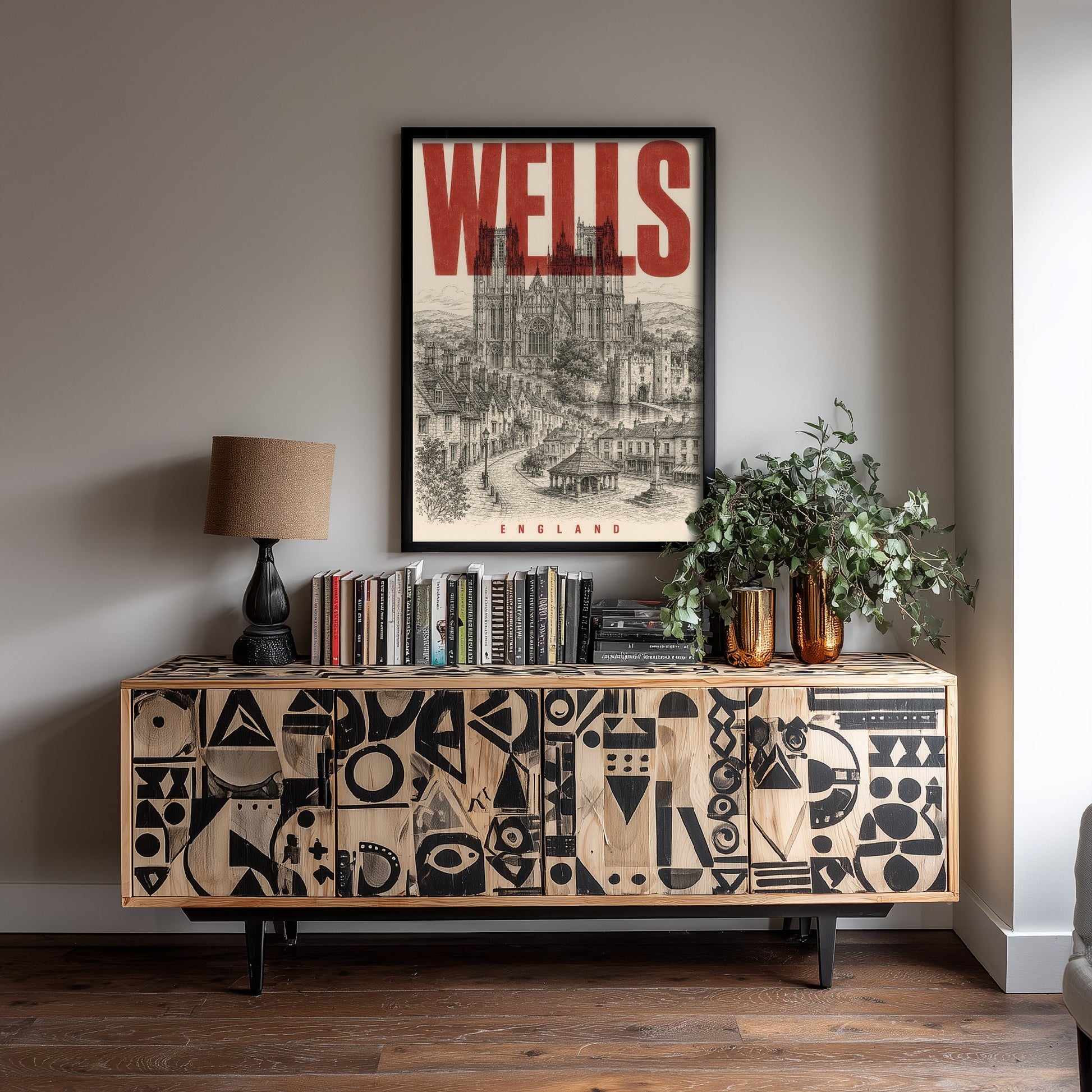 Wells England Travel Poster - Vintage Duotone Art Print - Distressed City Illustration - Wells Cathedral 3/3