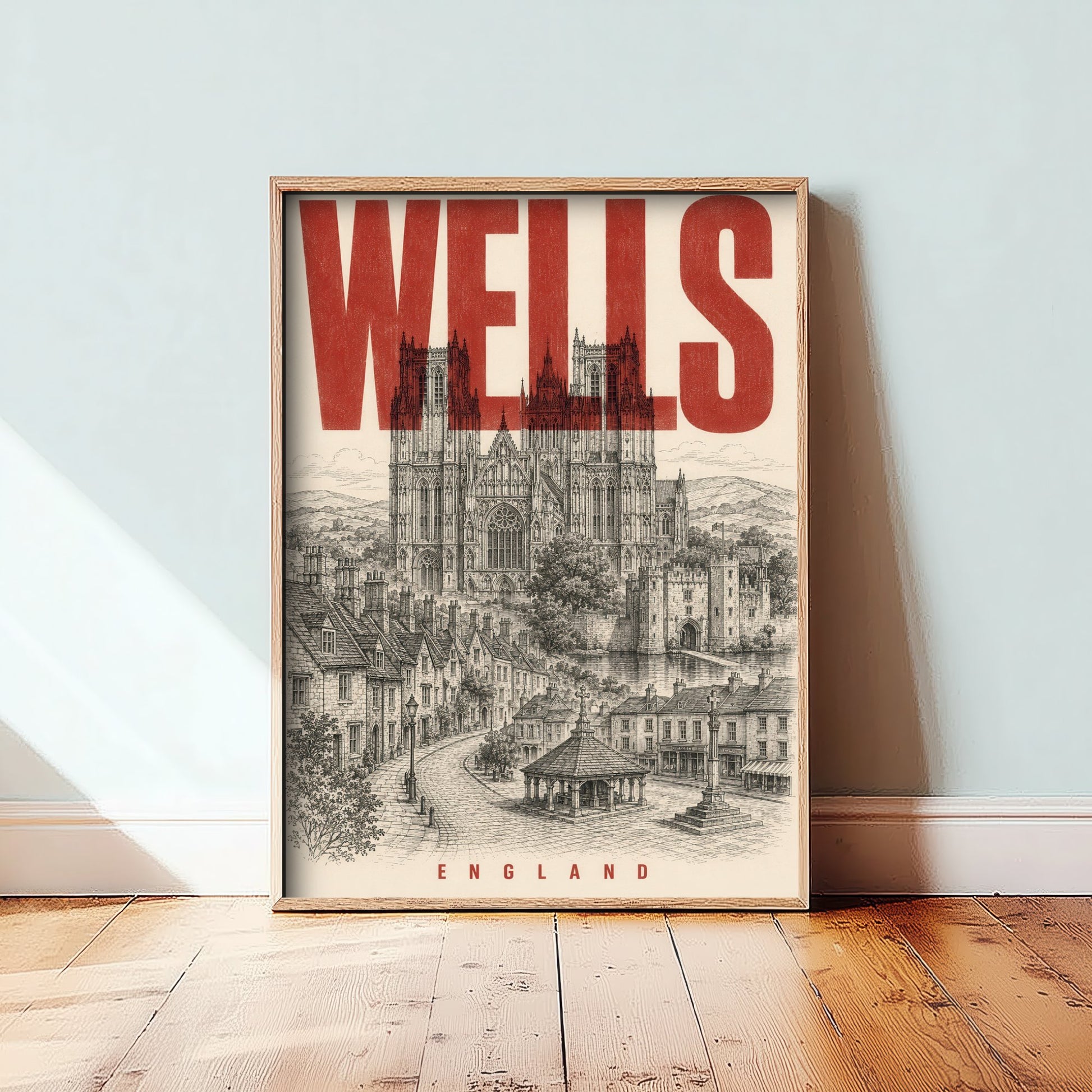 Wells England Travel Poster - Vintage Duotone Art Print - Distressed City Illustration - Wells Cathedral 3/3