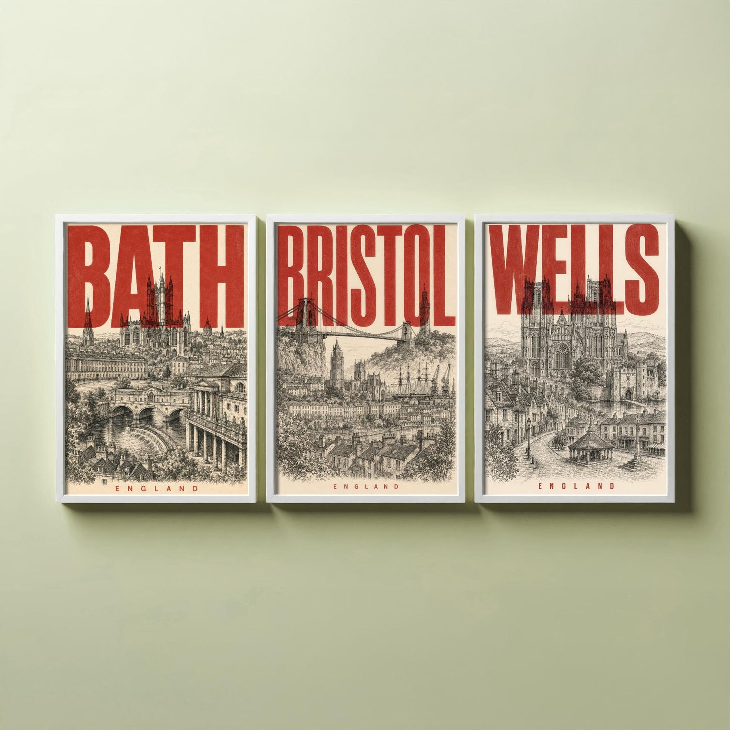 Set of Three England Travel Posters - Bath, Bristol, Wells - 3 Vintage Art Prints - Duotone Illustration Gift Map