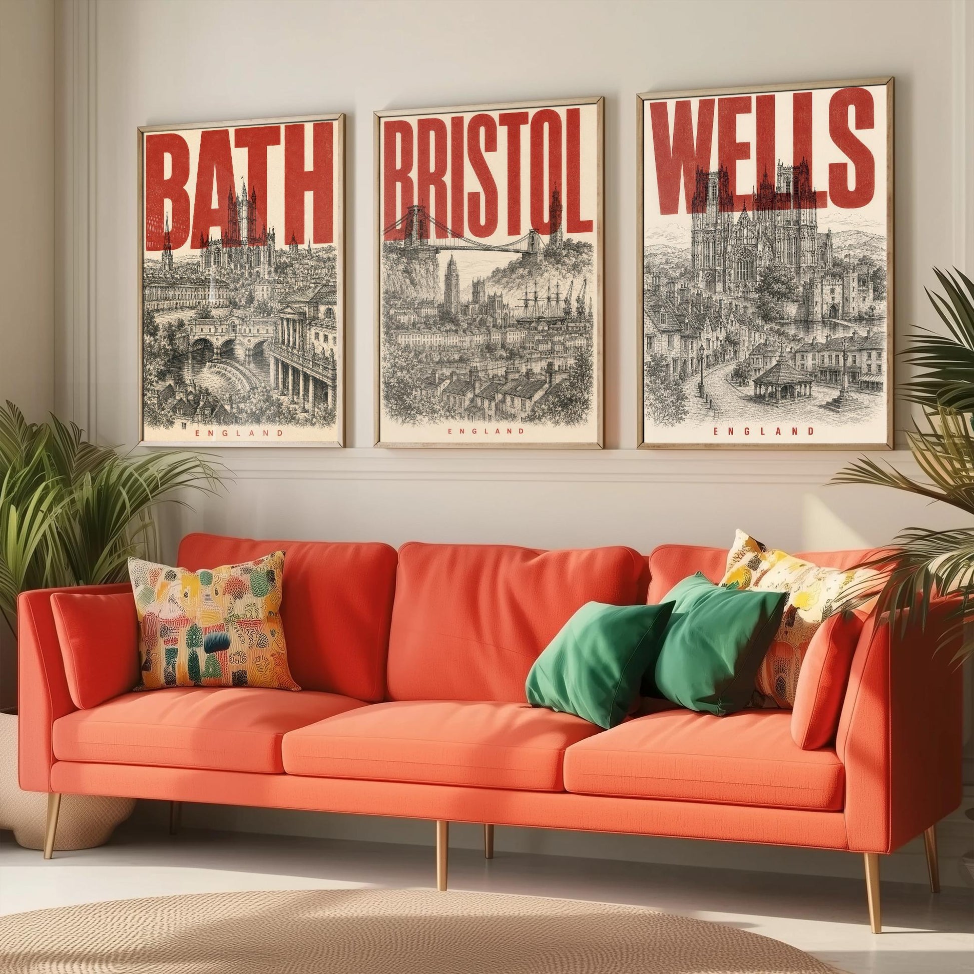 Set of Three England Travel Posters - Bath, Bristol, Wells - 3 Vintage Art Prints - Duotone Illustration Gift Map