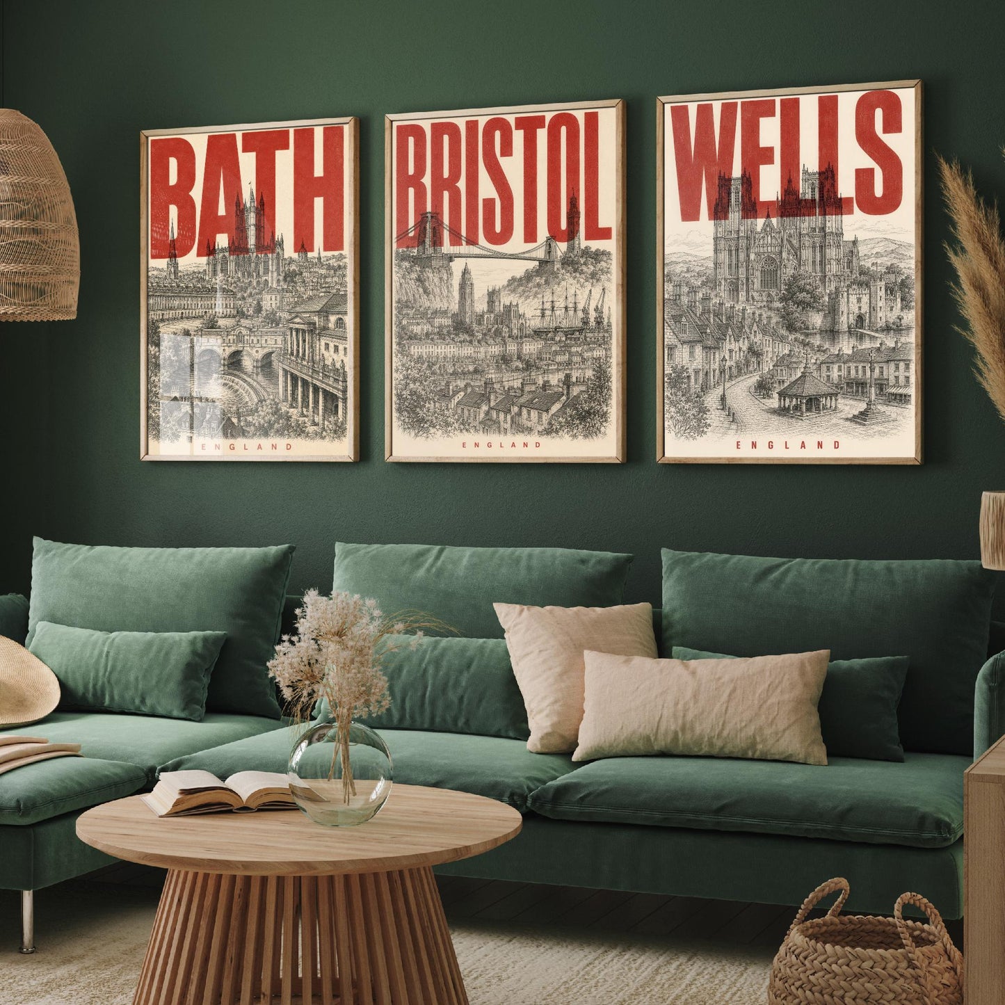 Set of Three England Travel Posters - Bath, Bristol, Wells - 3 Vintage Art Prints - Duotone Illustration Gift Map