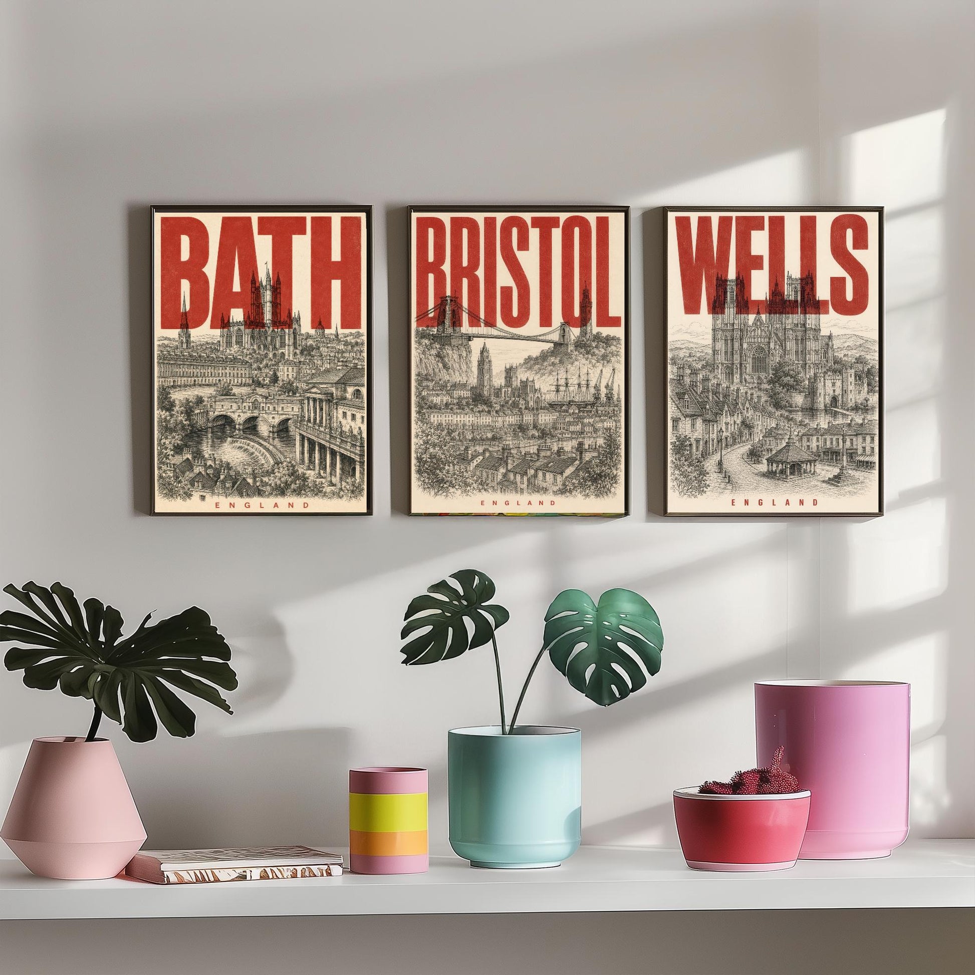Set of Three England Travel Posters - Bath, Bristol, Wells - 3 Vintage Art Prints - Duotone Illustration Gift Map