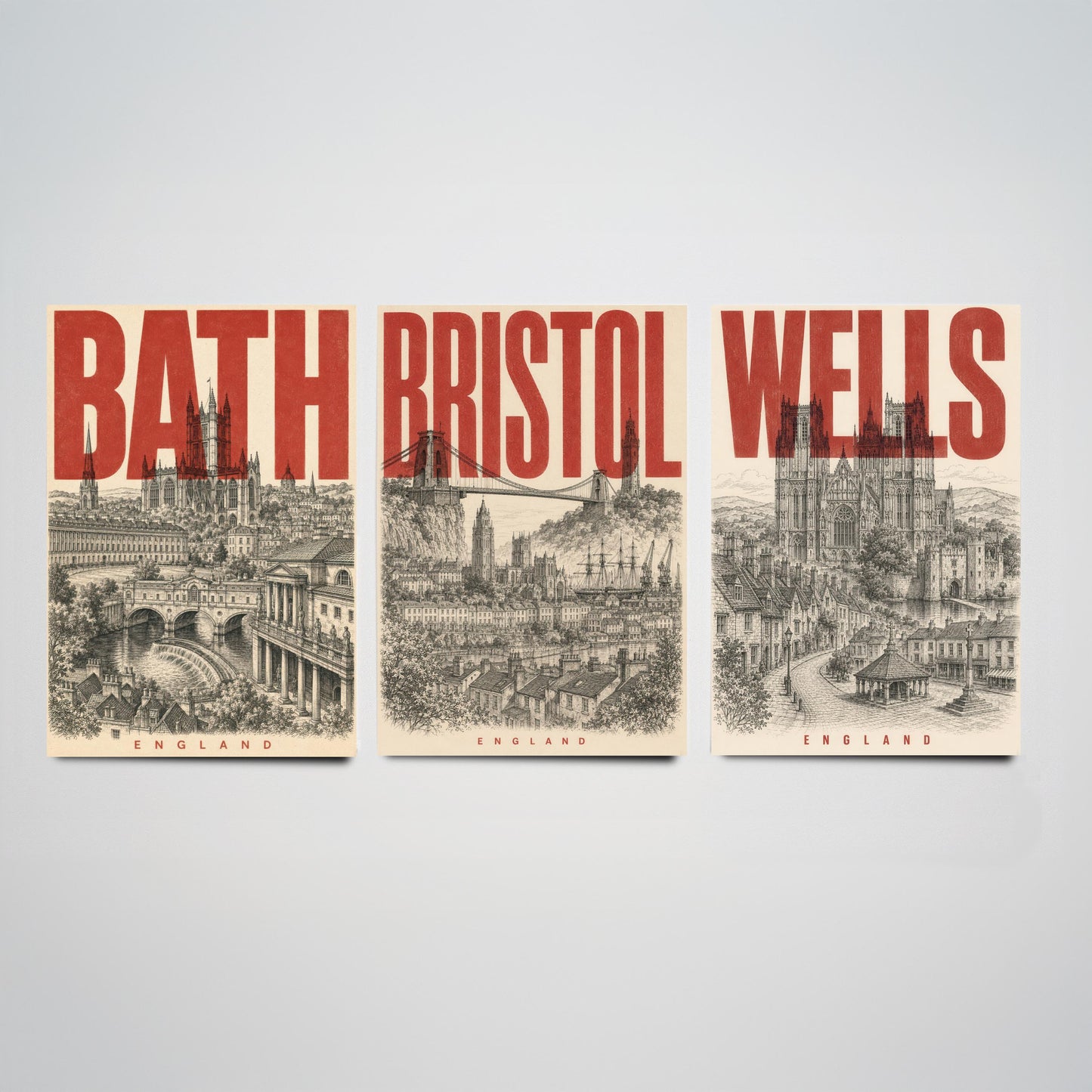 Set of Three England Travel Posters - Bath, Bristol, Wells - 3 Vintage Art Prints - Duotone Illustration Gift Map