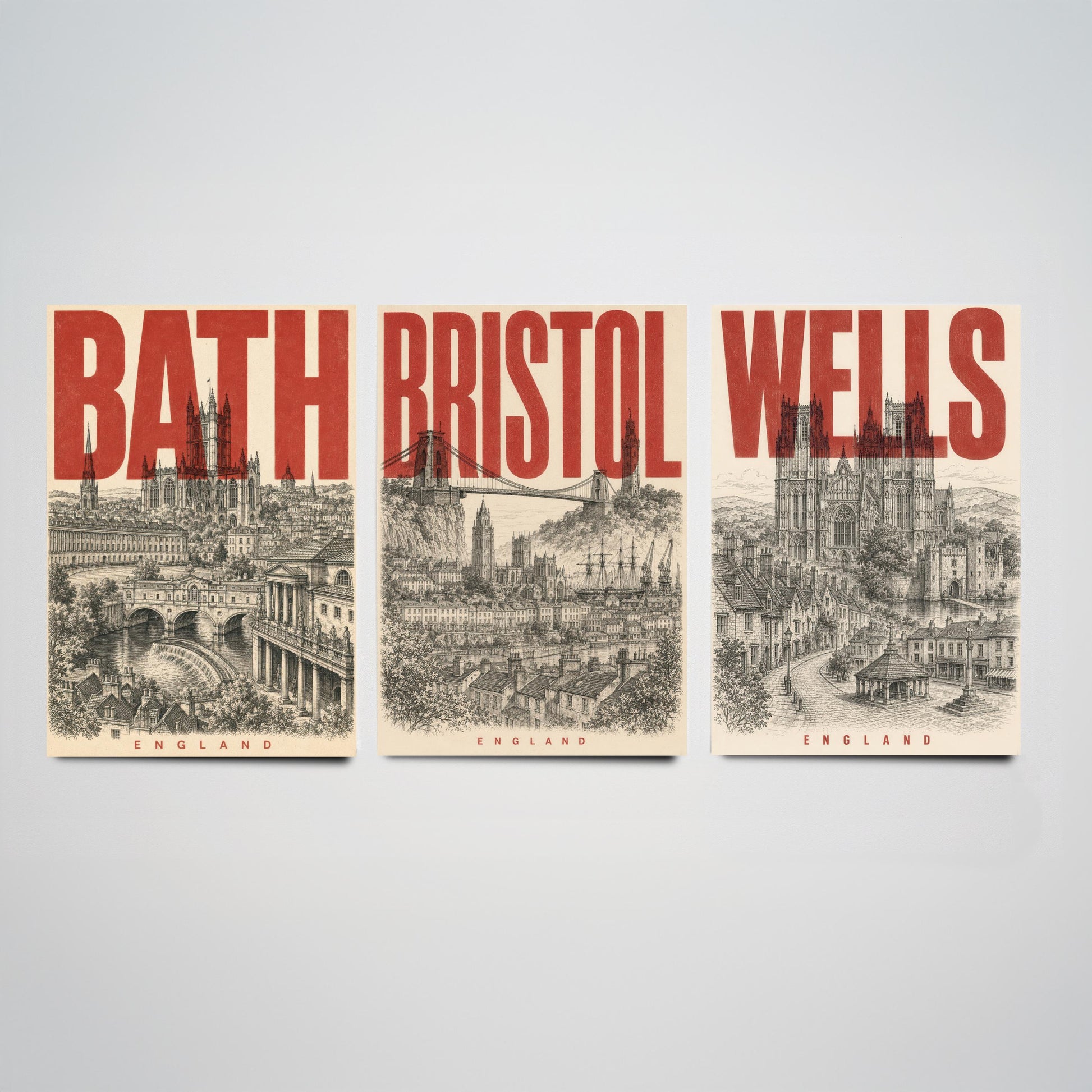 Set of Three England Travel Posters - Bath, Bristol, Wells - 3 Vintage Art Prints - Duotone Illustration Gift Map