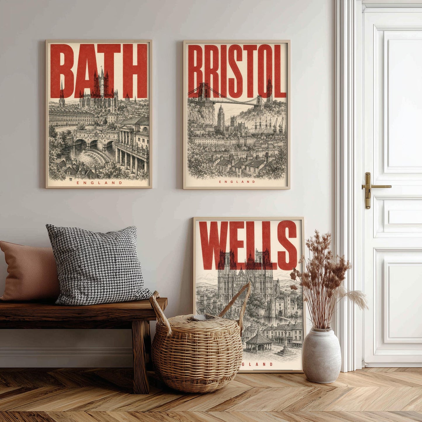 Set of Three England Travel Posters - Bath, Bristol, Wells - 3 Vintage Art Prints - Duotone Illustration Gift Map