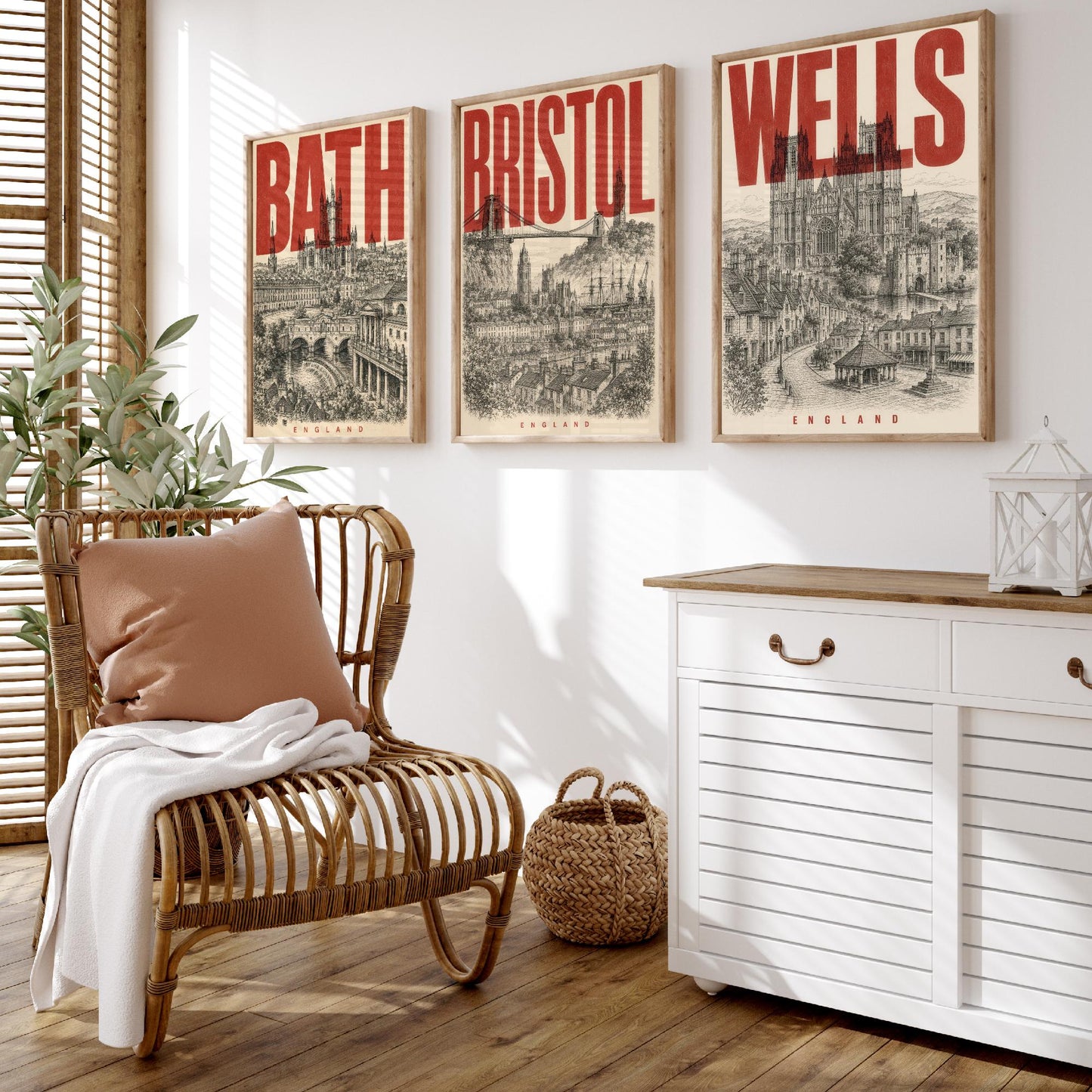 Set of Three England Travel Posters - Bath, Bristol, Wells - 3 Vintage Art Prints - Duotone Illustration Gift Map
