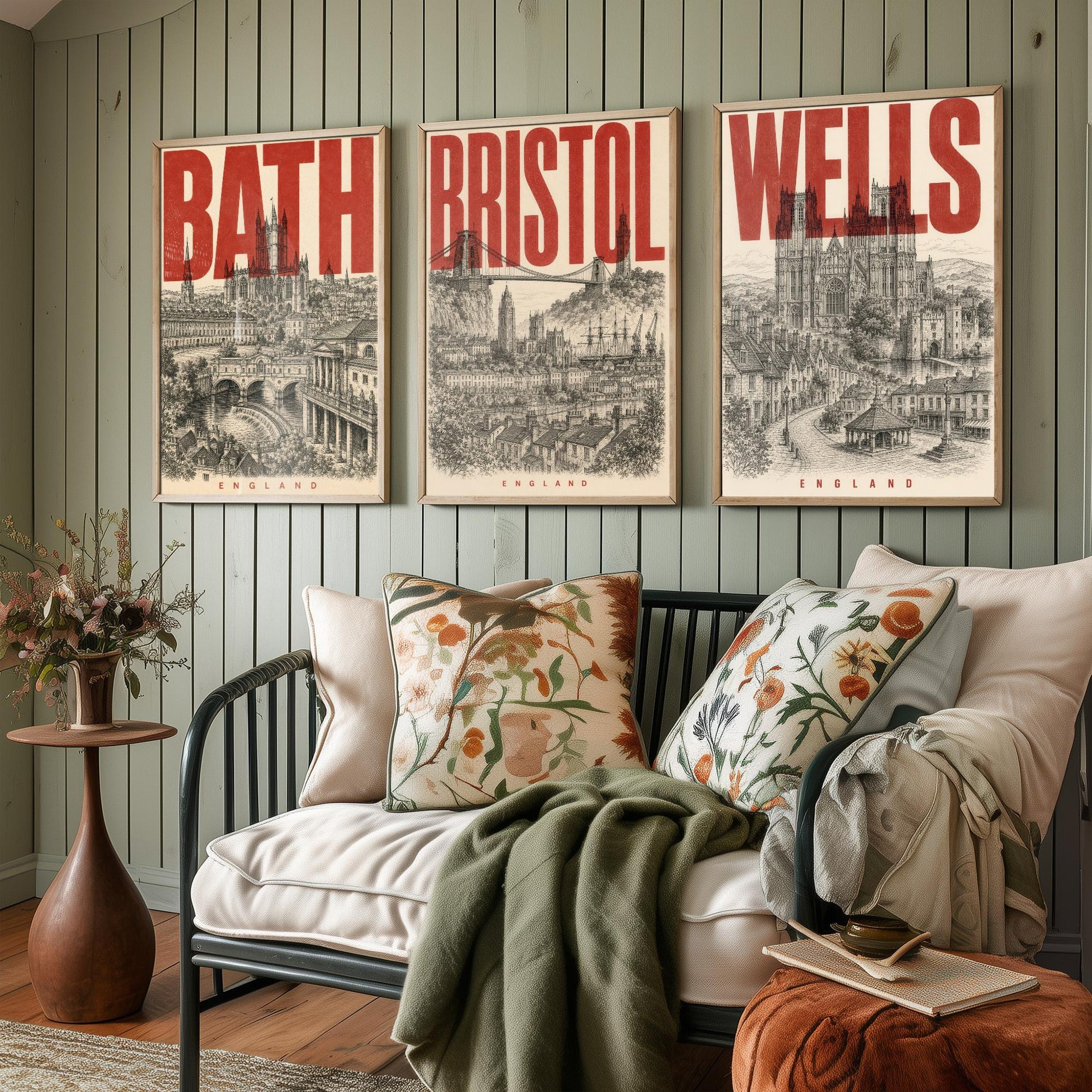 Set of Three England Travel Posters - Bath, Bristol, Wells - 3 Vintage Art Prints - Duotone Illustration Gift Map