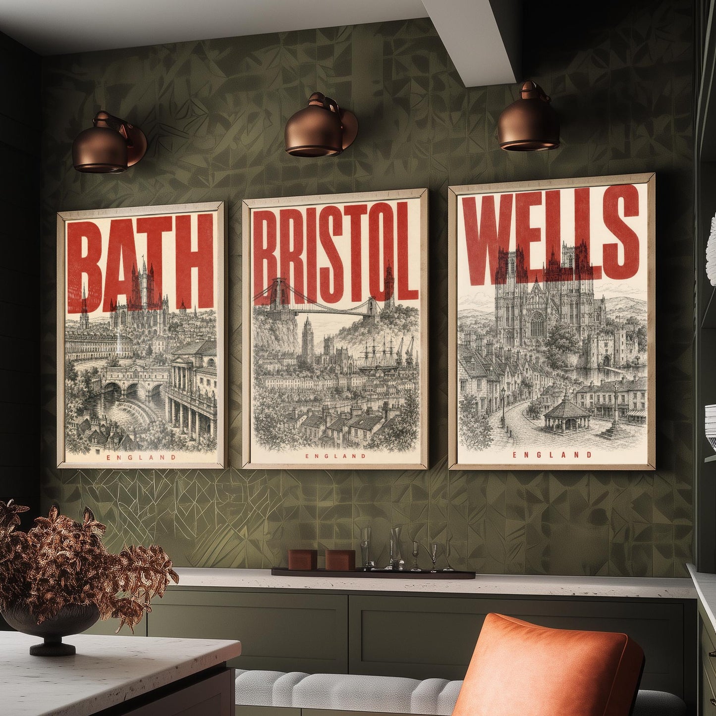 Set of Three England Travel Posters - Bath, Bristol, Wells - 3 Vintage Art Prints - Duotone Illustration Gift Map