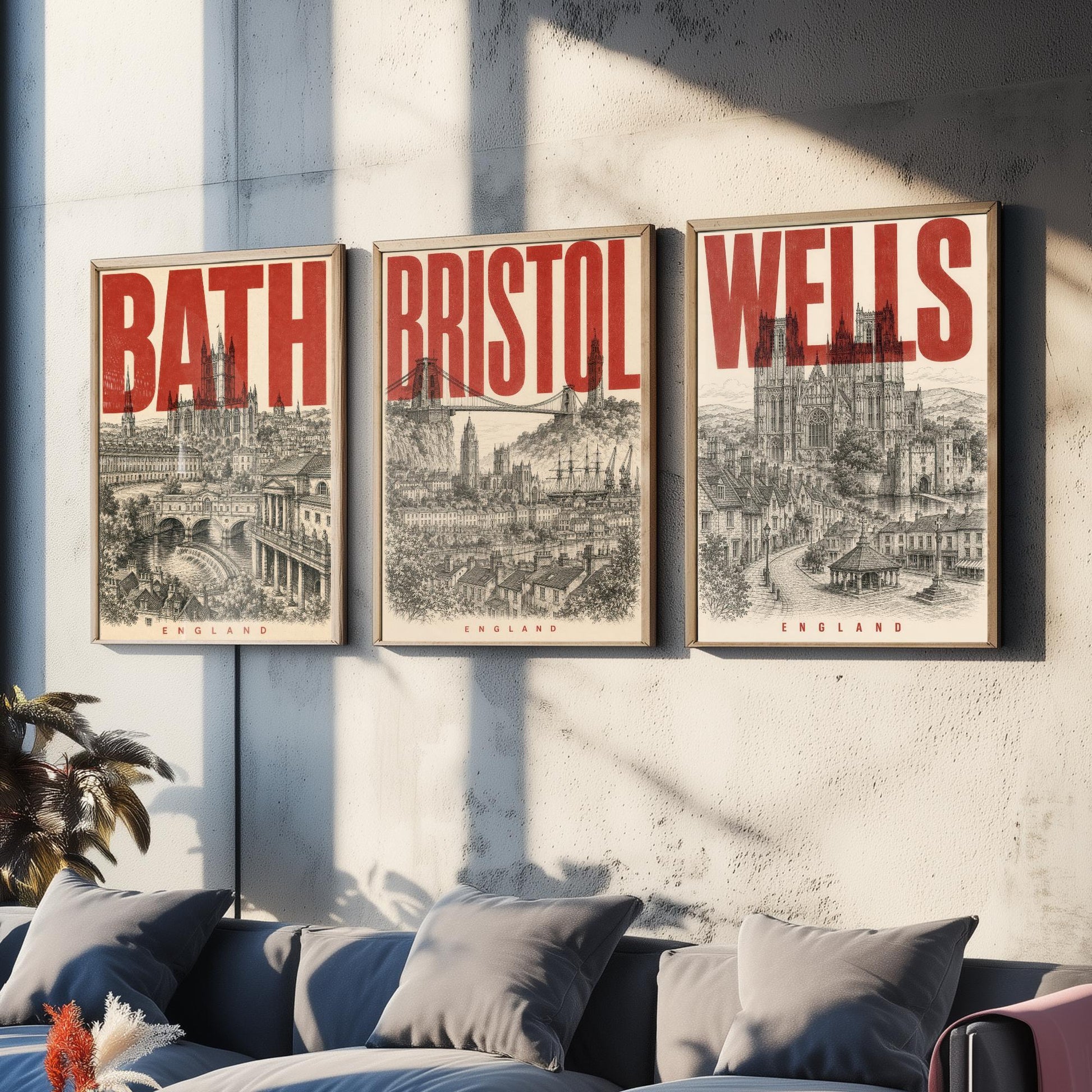 Set of Three England Travel Posters - Bath, Bristol, Wells - 3 Vintage Art Prints - Duotone Illustration Gift Map