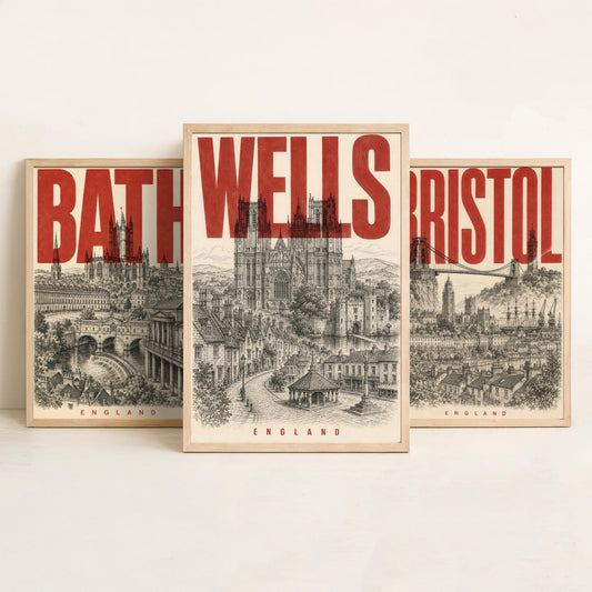 Set of Three England Travel Posters - Bath, Bristol, Wells - 3 Vintage Art Prints - Duotone Illustration Gift Map