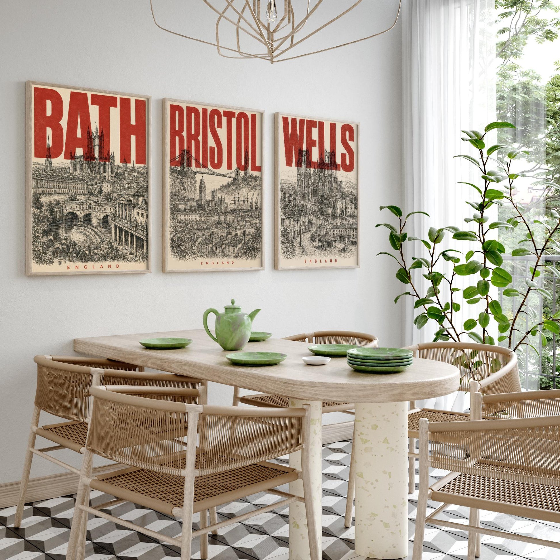 Set of Three England Travel Posters - Bath, Bristol, Wells - 3 Vintage Art Prints - Duotone Illustration Gift Map