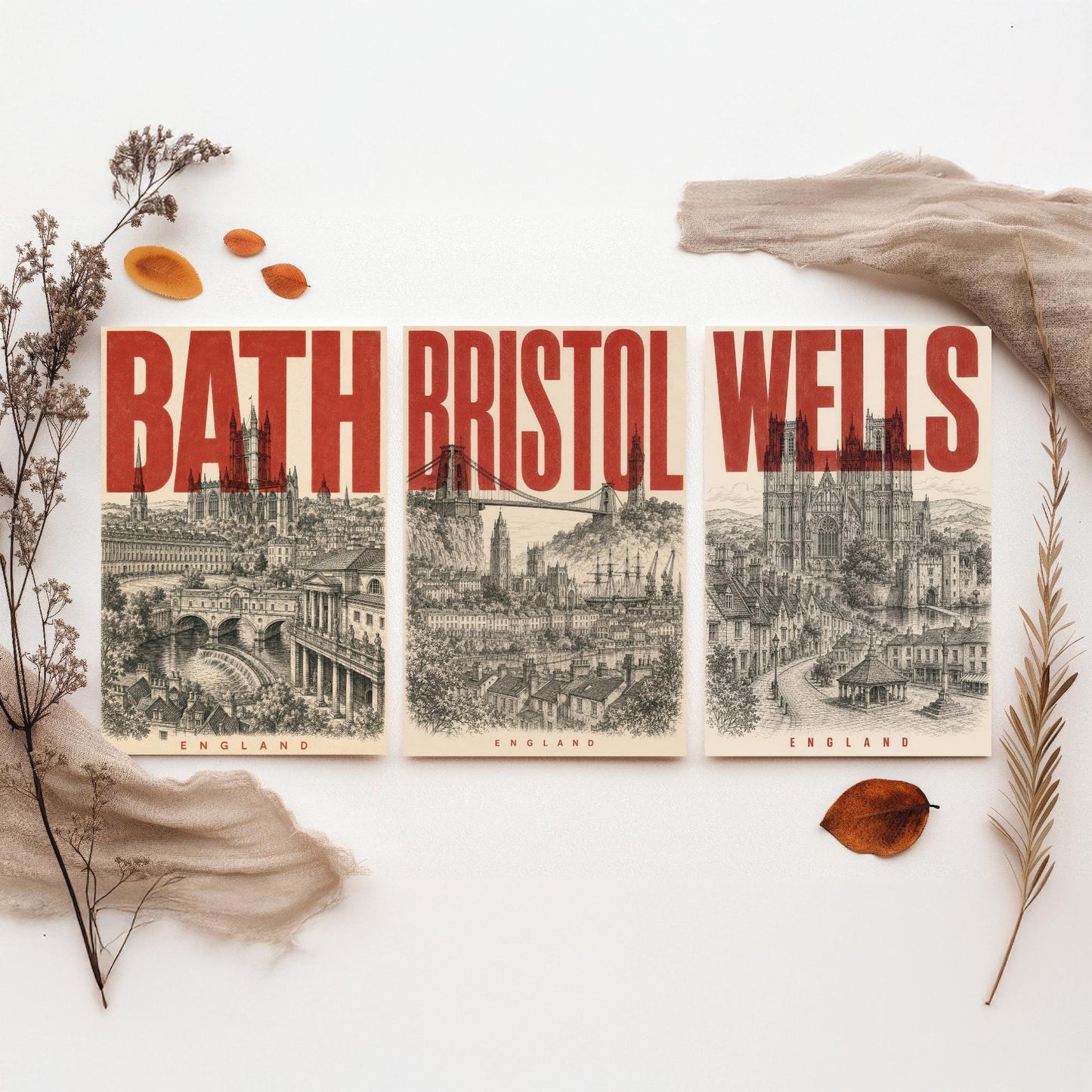 Set of Three England Travel Posters - Bath, Bristol, Wells - 3 Vintage Art Prints - Duotone Illustration Gift Map