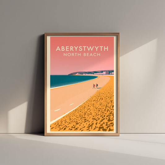 Aberystwyth North Beach Travel Poster - Pink Summer Art Print - Coral Sky Coastal Illustration - Promenade Shore