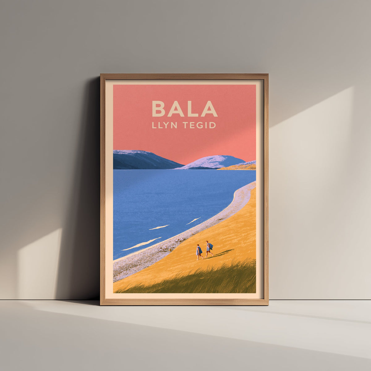 Bala, Llyn Tegid Travel Poster - Pink Summer Art Print - Coral Sky Lake Illustration - Llyn Tegid Shore