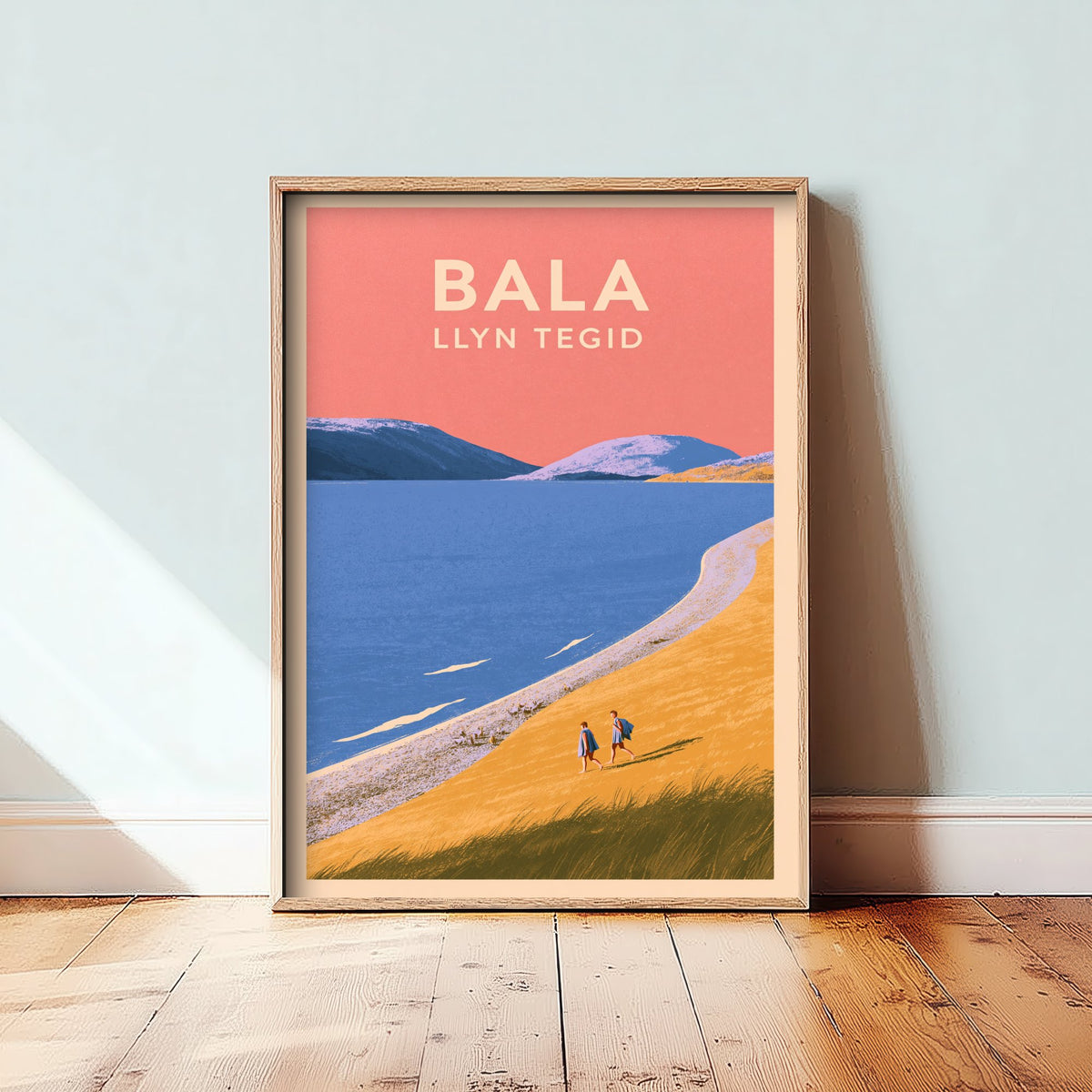 Bala, Llyn Tegid Travel Poster - Pink Summer Art Print - Coral Sky Lake Illustration - Llyn Tegid Shore