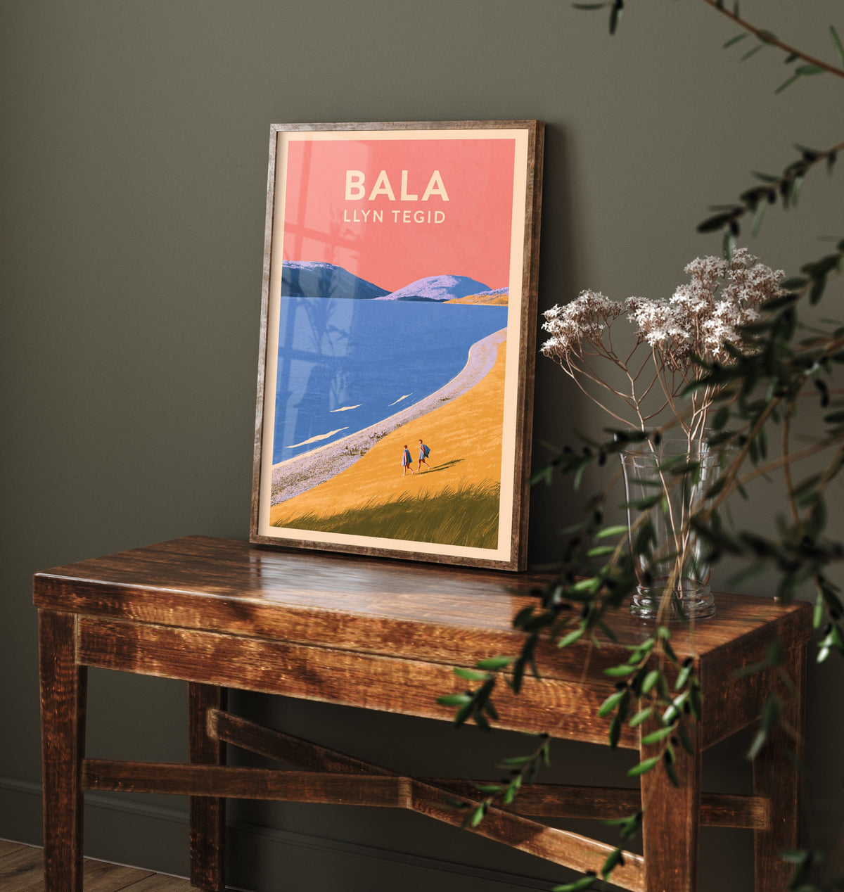Bala, Llyn Tegid Travel Poster - Pink Summer Art Print - Coral Sky Lake Illustration - Llyn Tegid Shore