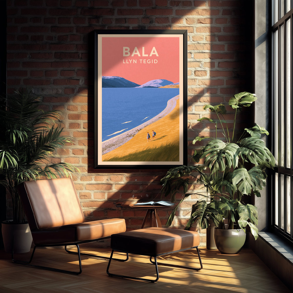 Bala, Llyn Tegid Travel Poster - Pink Summer Art Print - Coral Sky Lake Illustration - Llyn Tegid Shore