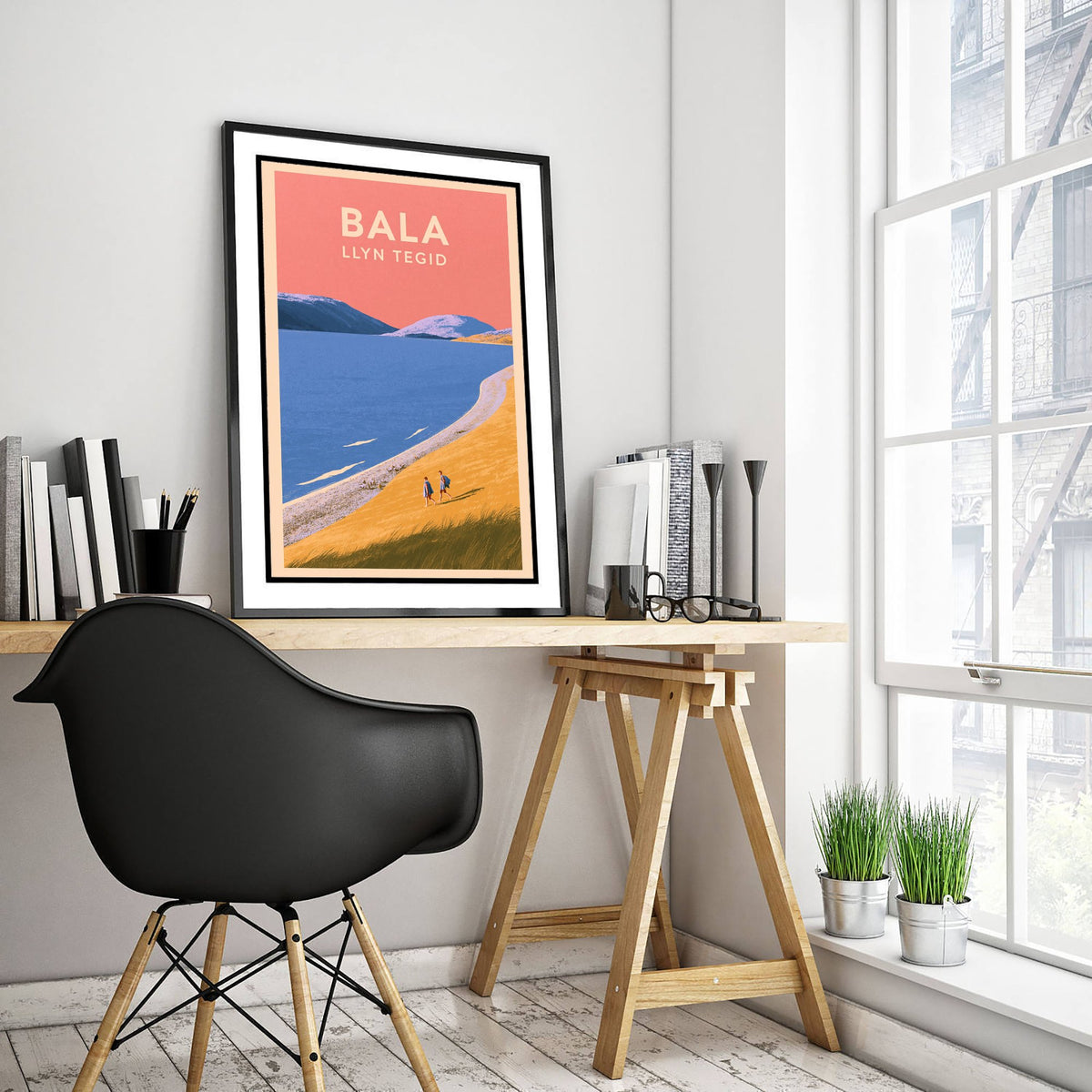 Bala, Llyn Tegid Travel Poster - Pink Summer Art Print - Coral Sky Lake Illustration - Llyn Tegid Shore