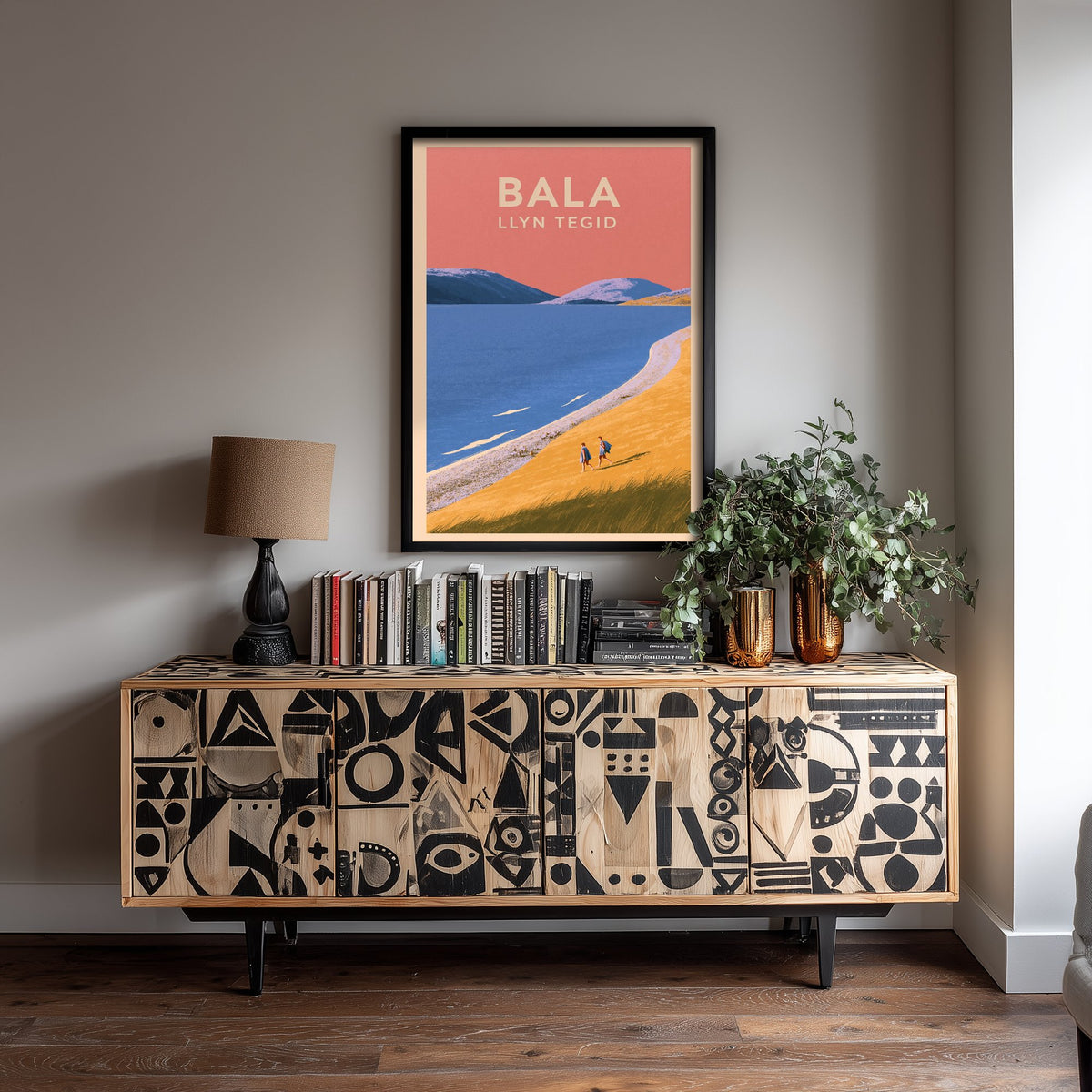 Bala, Llyn Tegid Travel Poster - Pink Summer Art Print - Coral Sky Lake Illustration - Llyn Tegid Shore