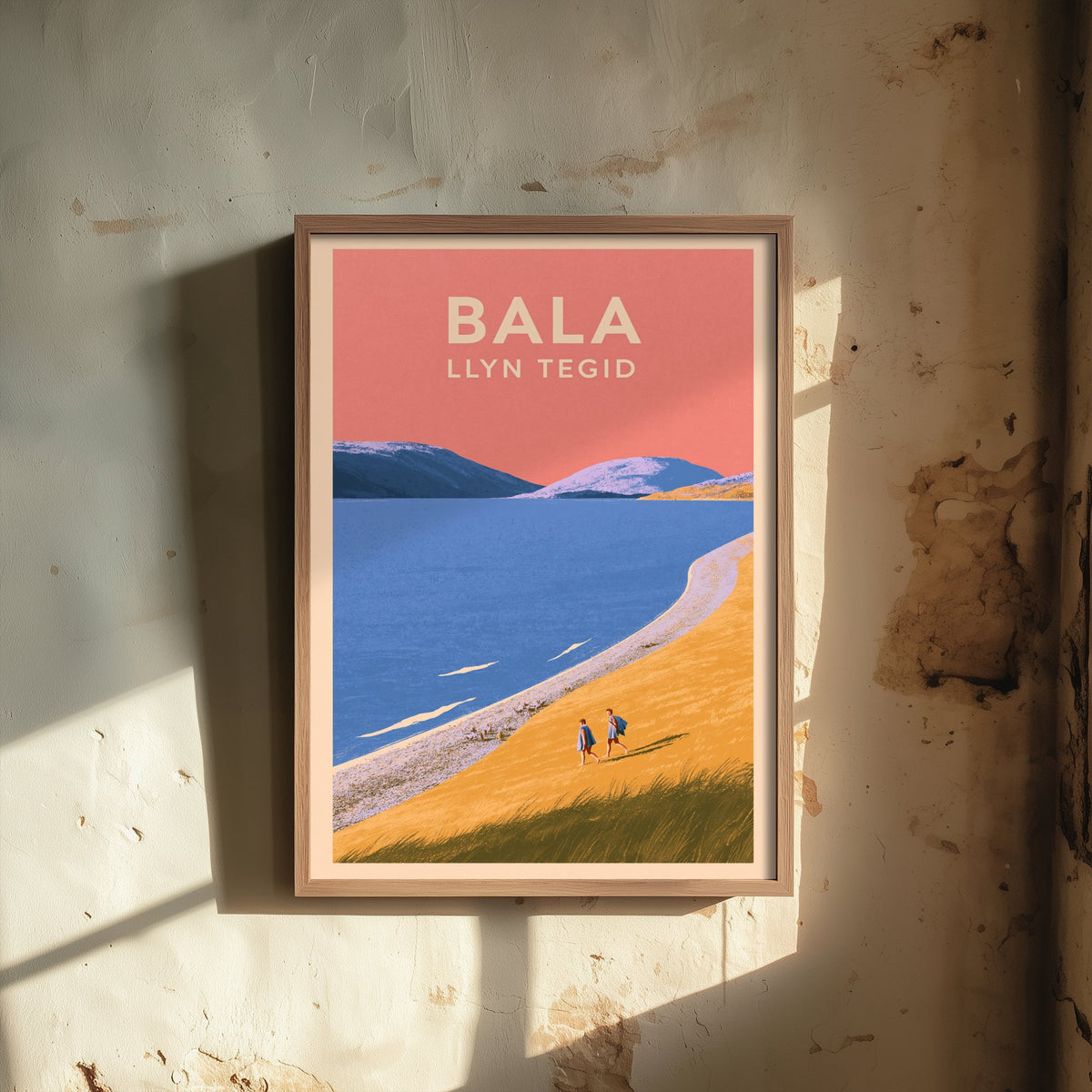 Bala, Llyn Tegid Travel Poster - Pink Summer Art Print - Coral Sky Lake Illustration - Llyn Tegid Shore