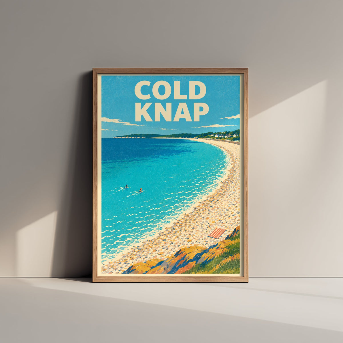 Cold Knap Travel Poster - Dappled Blue Art Print - Grainy Retro Seaside Illustration - Pebble Bank