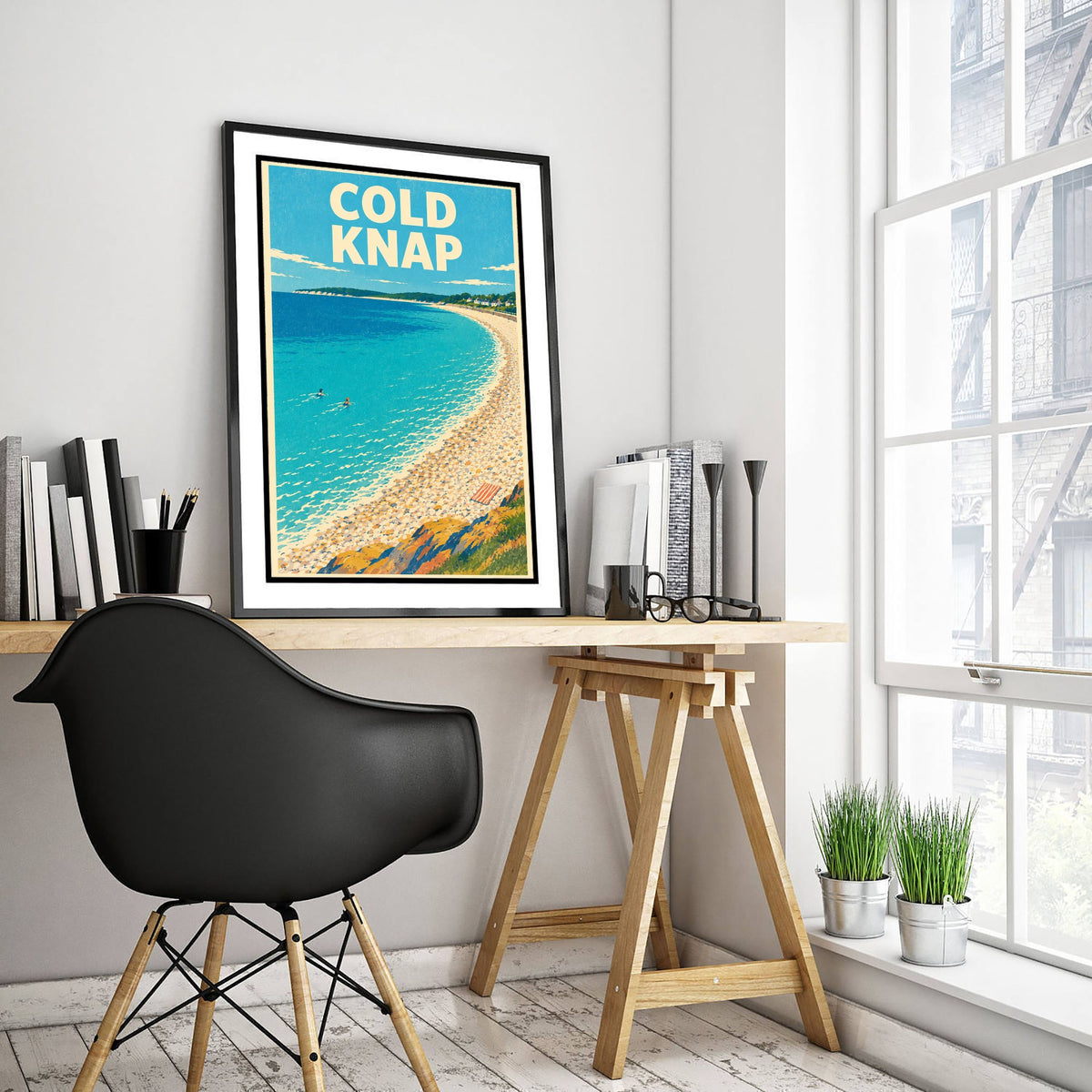 Cold Knap Travel Poster - Dappled Blue Art Print - Grainy Retro Seaside Illustration - Pebble Bank