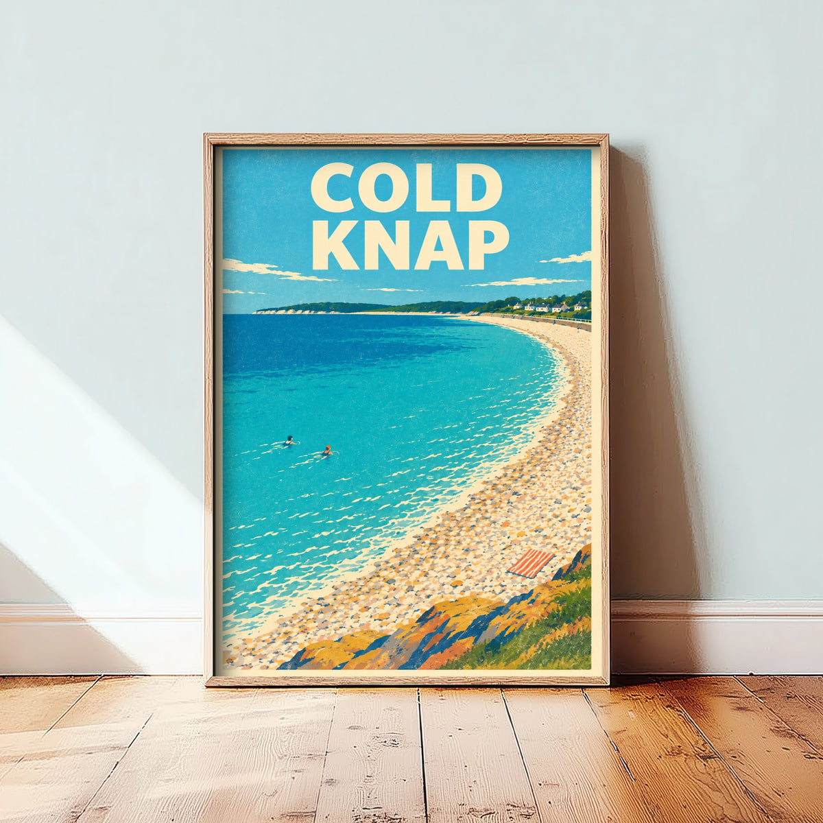 Cold Knap Travel Poster - Dappled Blue Art Print - Grainy Retro Seaside Illustration - Pebble Bank