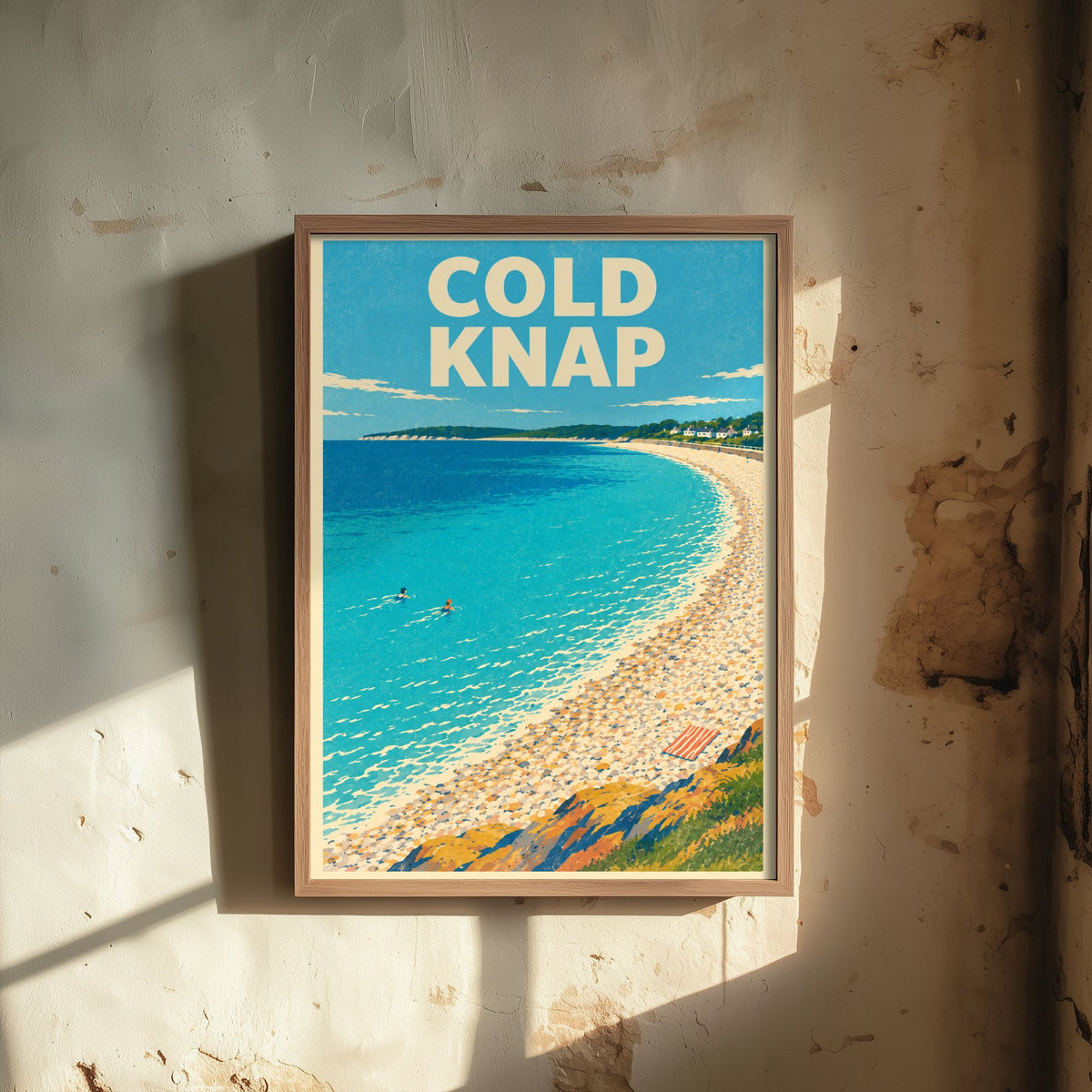 Cold Knap Travel Poster - Dappled Blue Art Print - Grainy Retro Seaside Illustration - Pebble Bank