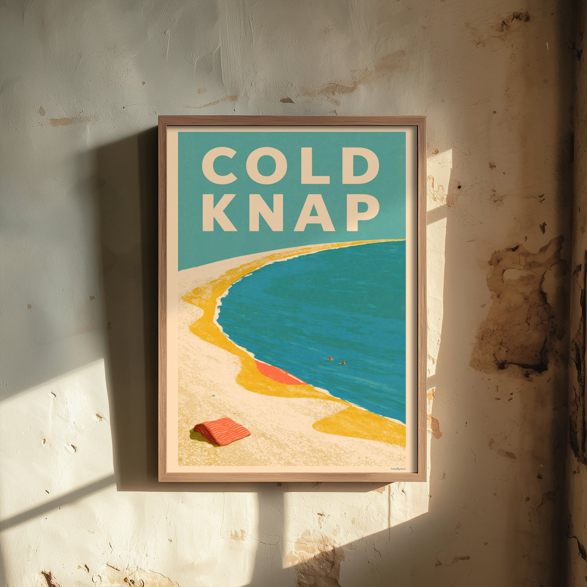 Cold Knap Travel Poster - Electric Blue Art Print - Mid Century Seaside Illustration - Pebble Bank