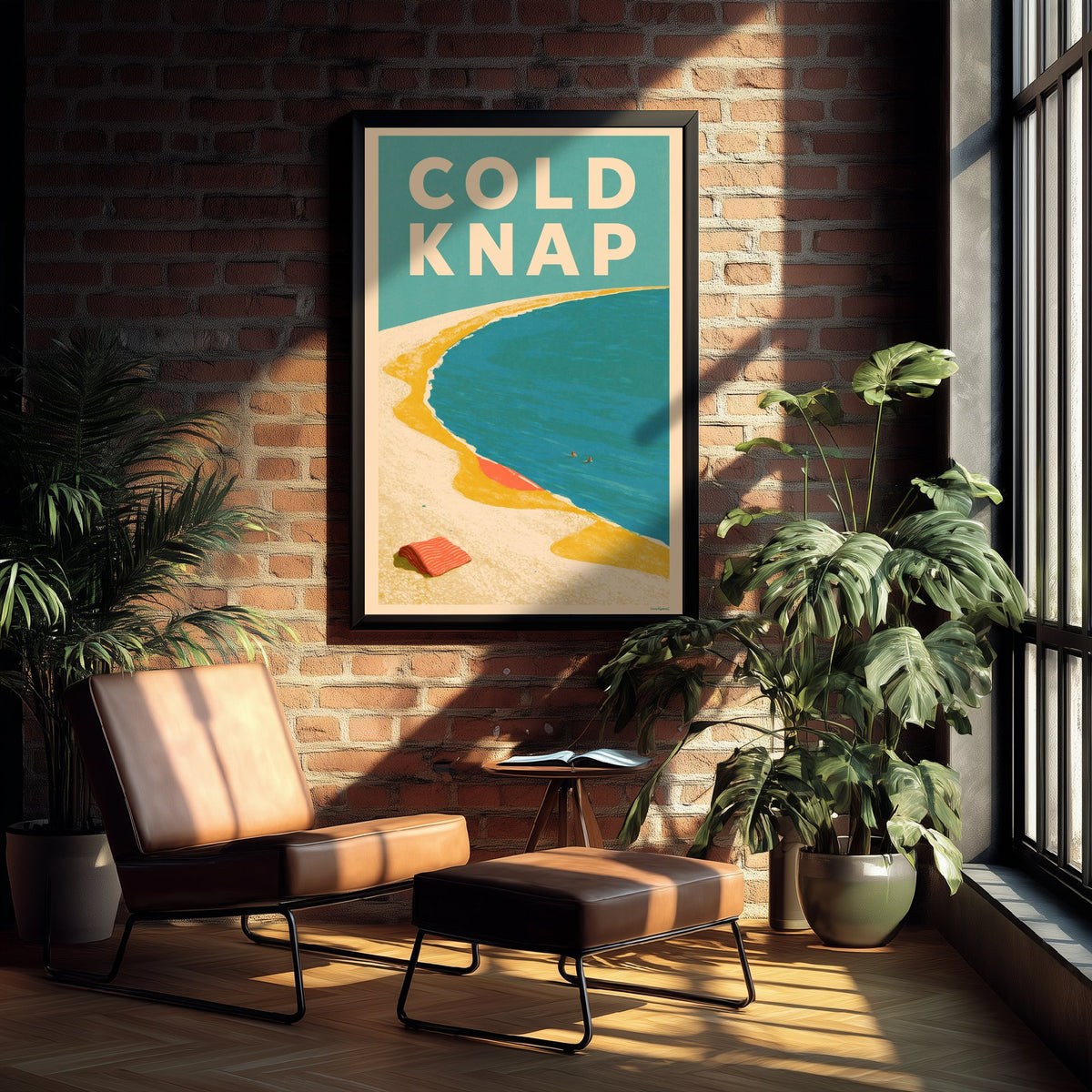 Cold Knap Travel Poster - Electric Blue Art Print - Mid Century Seaside Illustration - Pebble Bank