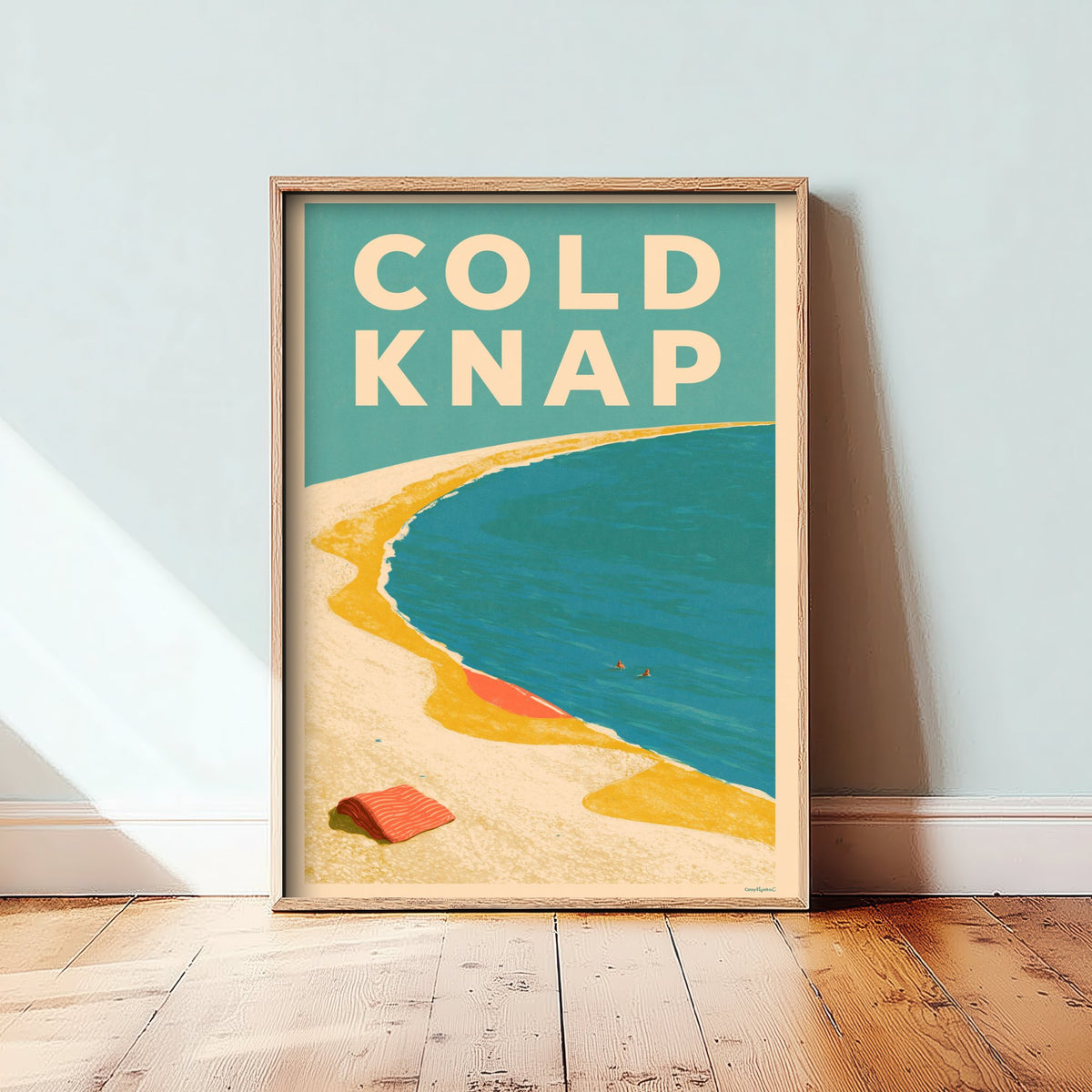 Cold Knap Travel Poster - Electric Blue Art Print - Mid Century Seaside Illustration - Pebble Bank