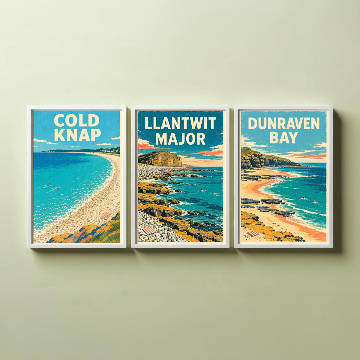 Cold Knap, Llantwit Major and Dunraven Bay Set of Three Art Prints - Dappled Blue Heritage Coast Posters - Grainy Retro Illustration V2