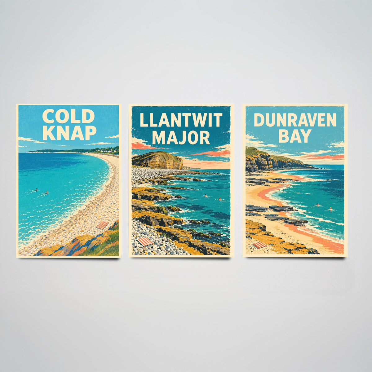 Cold Knap, Llantwit Major and Dunraven Bay Set of Three Art Prints - Dappled Blue Heritage Coast Posters - Grainy Retro Illustration V2