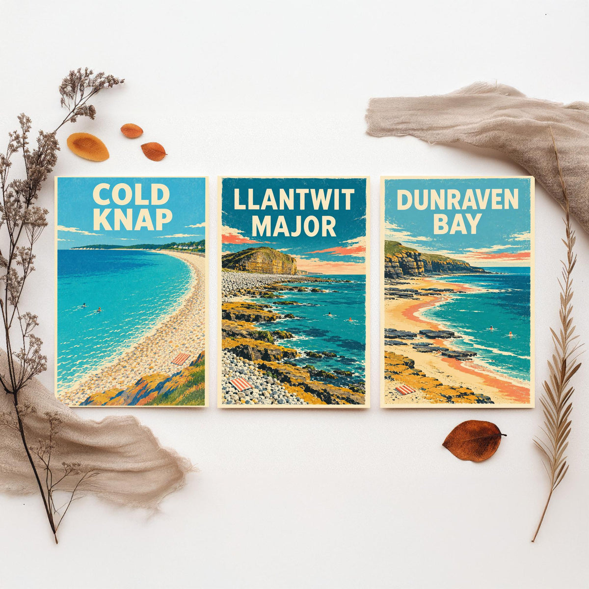 Cold Knap, Llantwit Major and Dunraven Bay Set of Three Art Prints - Dappled Blue Heritage Coast Posters - Grainy Retro Illustration V2