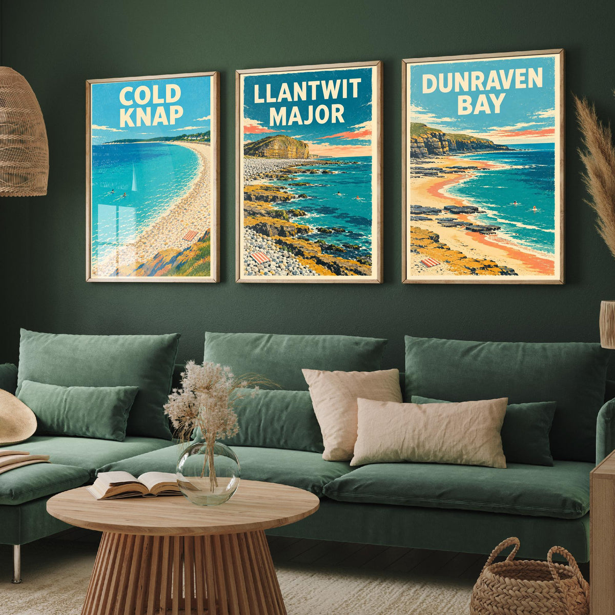 Cold Knap, Llantwit Major and Dunraven Bay Set of Three Art Prints - Dappled Blue Heritage Coast Posters - Grainy Retro Illustration V2