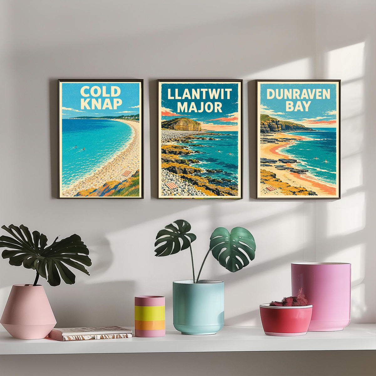 Cold Knap, Llantwit Major and Dunraven Bay Set of Three Art Prints - Dappled Blue Heritage Coast Posters - Grainy Retro Illustration V2