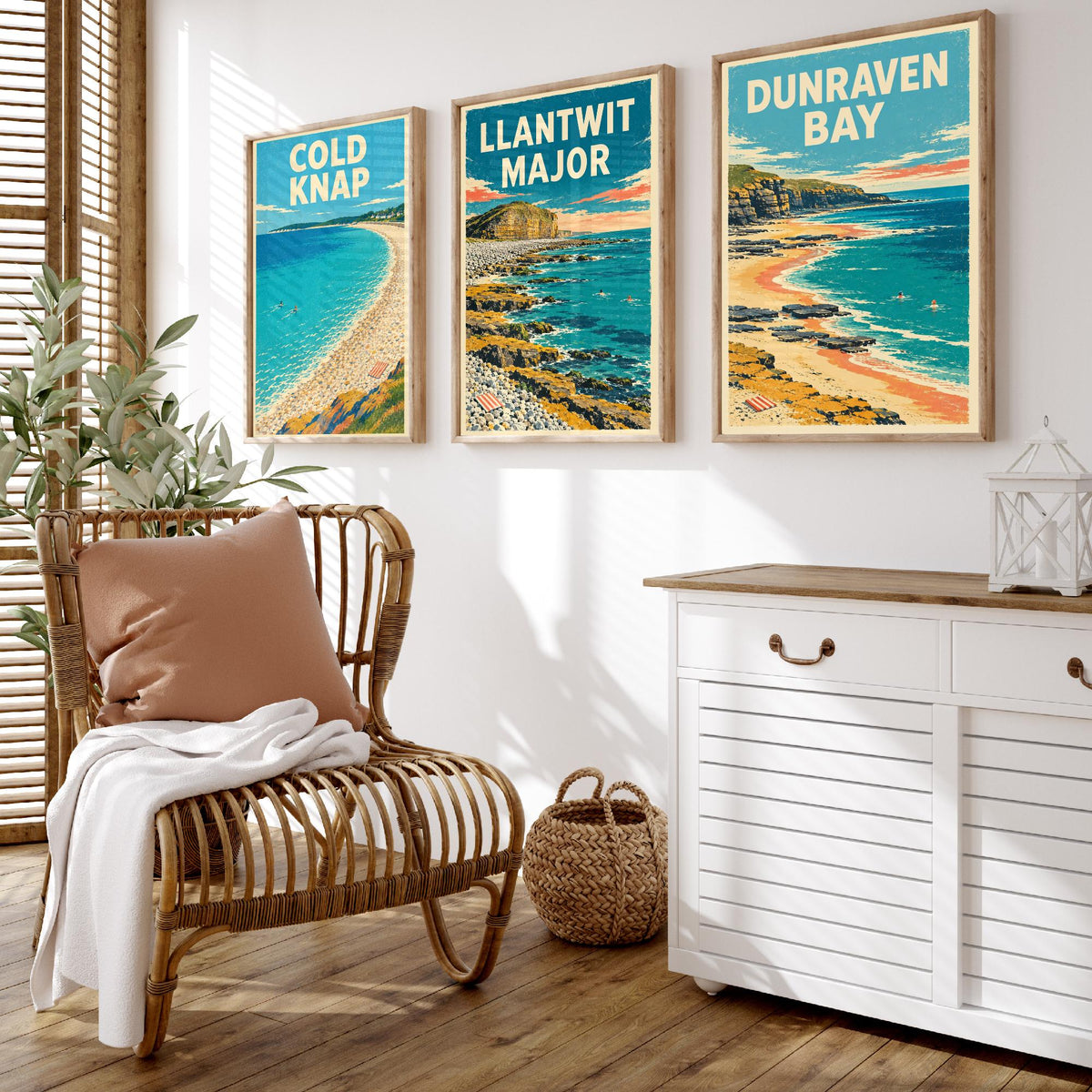 Cold Knap, Llantwit Major and Dunraven Bay Set of Three Art Prints - Dappled Blue Heritage Coast Posters - Grainy Retro Illustration V2