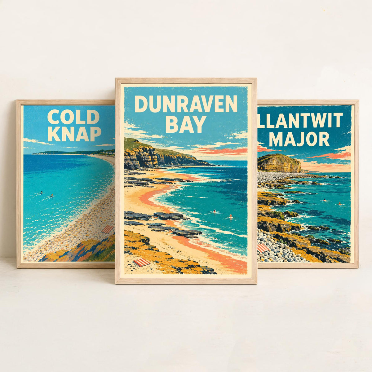 Cold Knap, Llantwit Major and Dunraven Bay Set of Three Art Prints - Dappled Blue Heritage Coast Posters - Grainy Retro Illustration V2