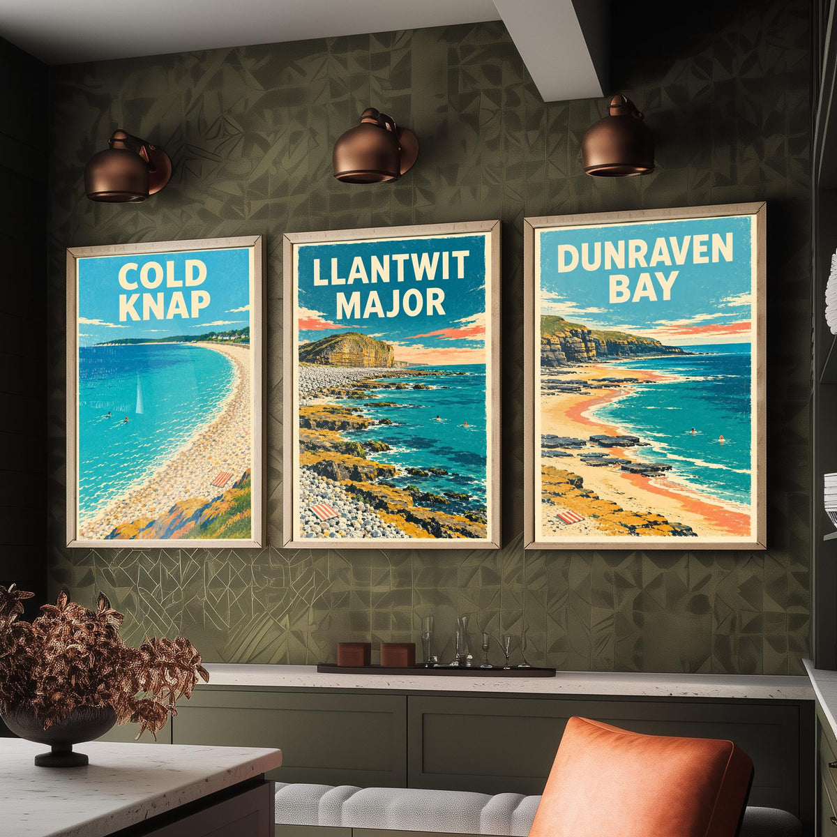 Cold Knap, Llantwit Major and Dunraven Bay Set of Three Art Prints - Dappled Blue Heritage Coast Posters - Grainy Retro Illustration V2
