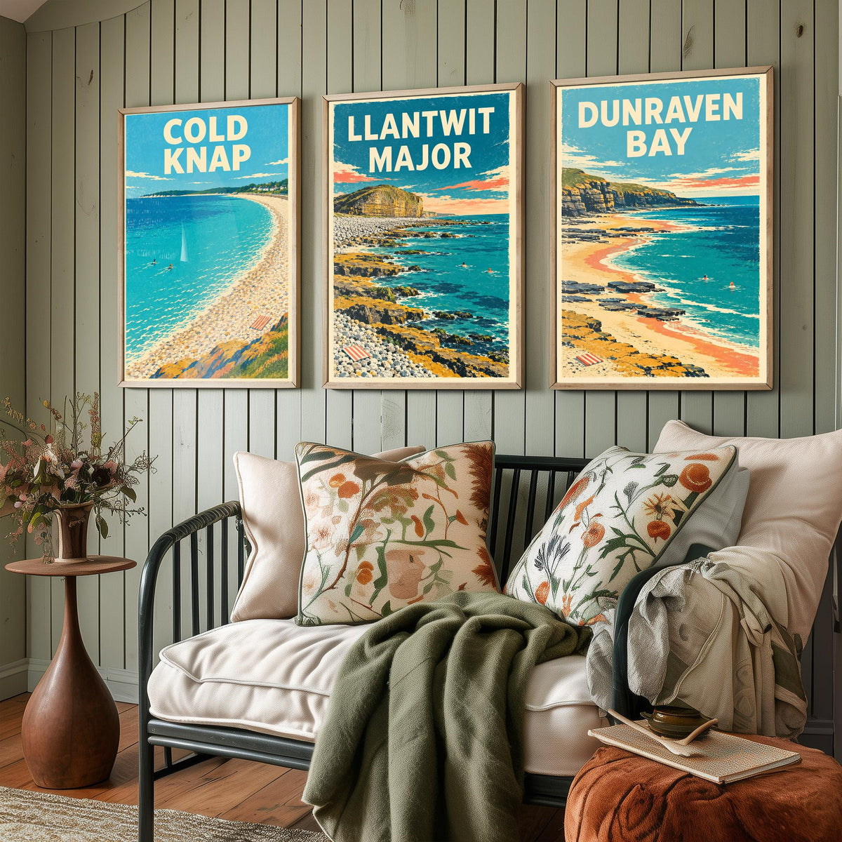 Cold Knap, Llantwit Major and Dunraven Bay Set of Three Art Prints - Dappled Blue Heritage Coast Posters - Grainy Retro Illustration V2