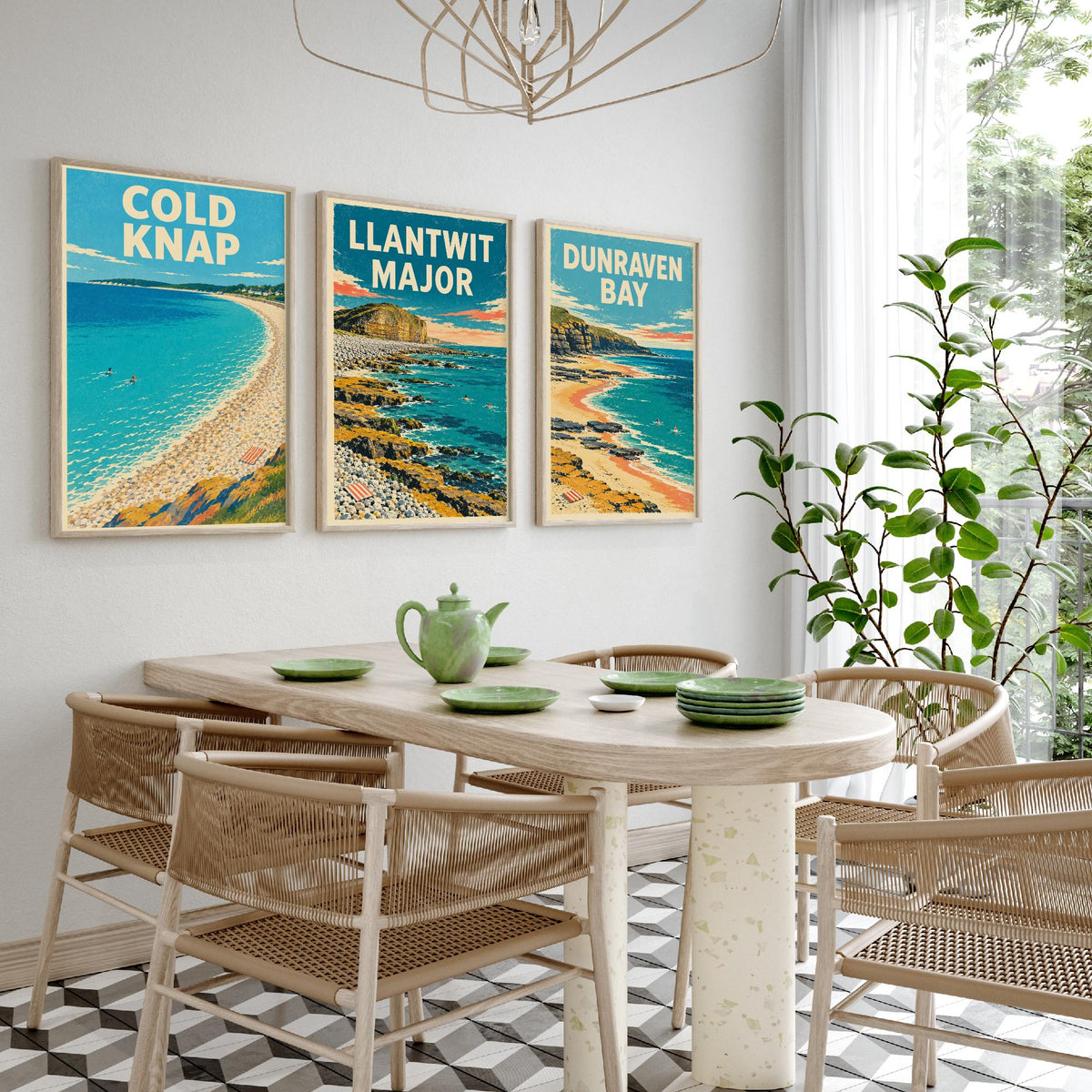 Cold Knap, Llantwit Major and Dunraven Bay Set of Three Art Prints - Dappled Blue Heritage Coast Posters - Grainy Retro Illustration V2