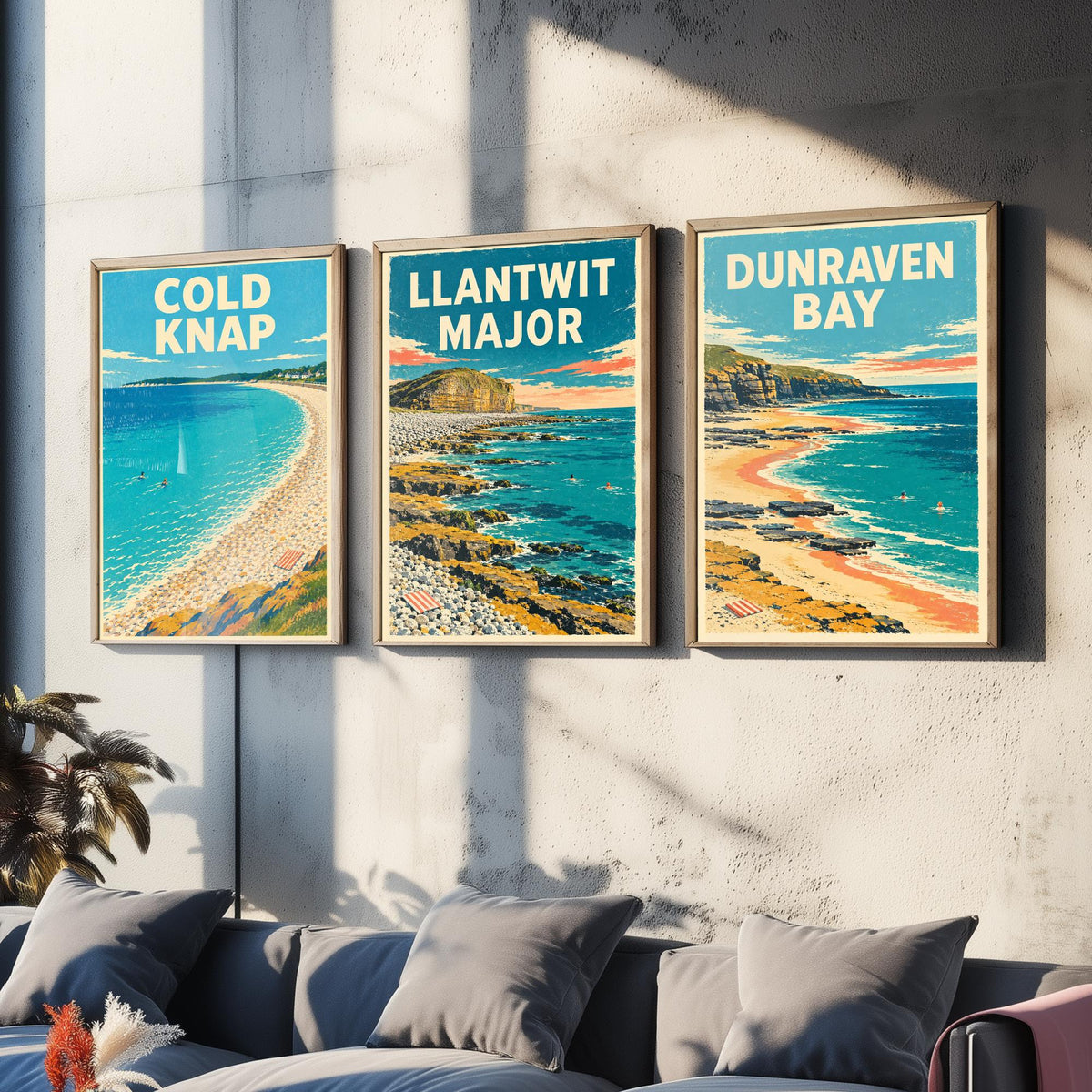 Cold Knap, Llantwit Major and Dunraven Bay Set of Three Art Prints - Dappled Blue Heritage Coast Posters - Grainy Retro Illustration V2