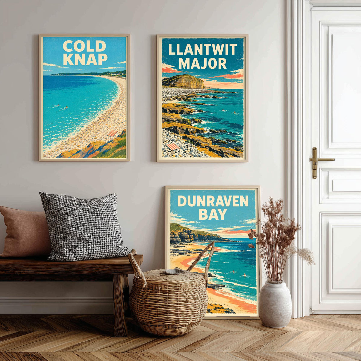 Cold Knap, Llantwit Major and Dunraven Bay Set of Three Art Prints - Dappled Blue Heritage Coast Posters - Grainy Retro Illustration V2